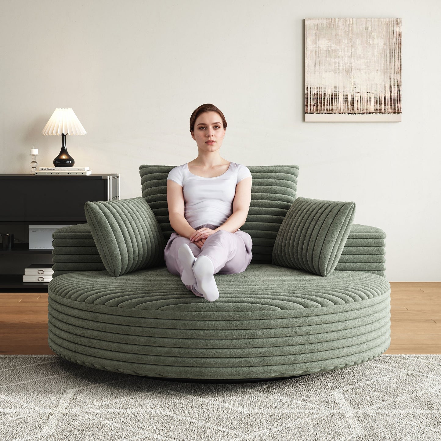 Fauteuil pivotant à une place en chenille cordouroyée et mousse