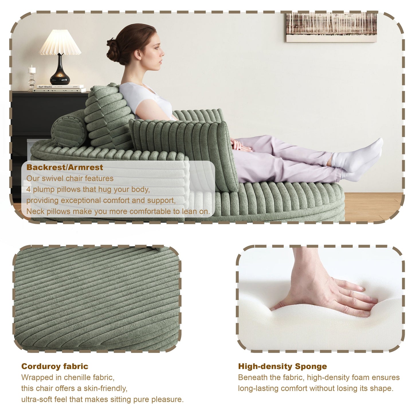 Fauteuil pivotant à une place en chenille cordouroyée et mousse