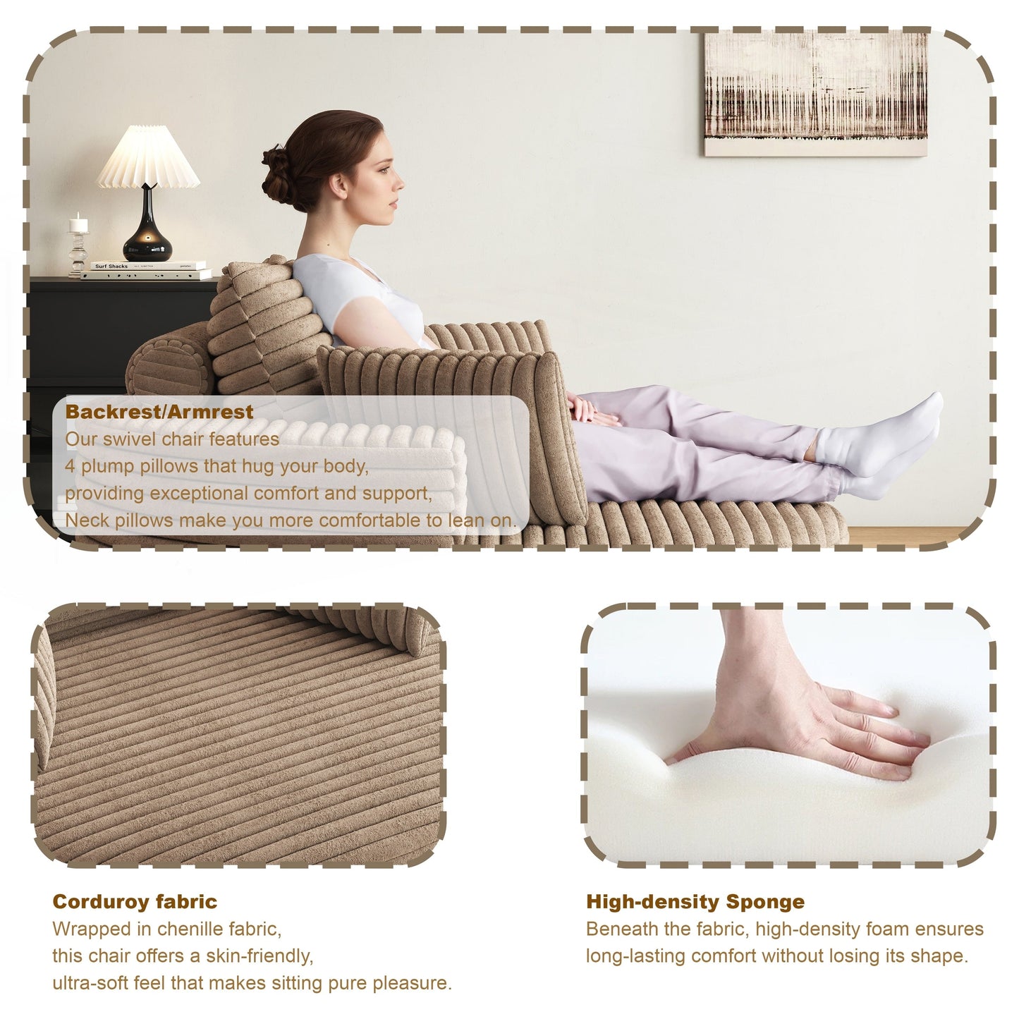 Fauteuil pivotant à une place en chenille cordouroyée et mousse