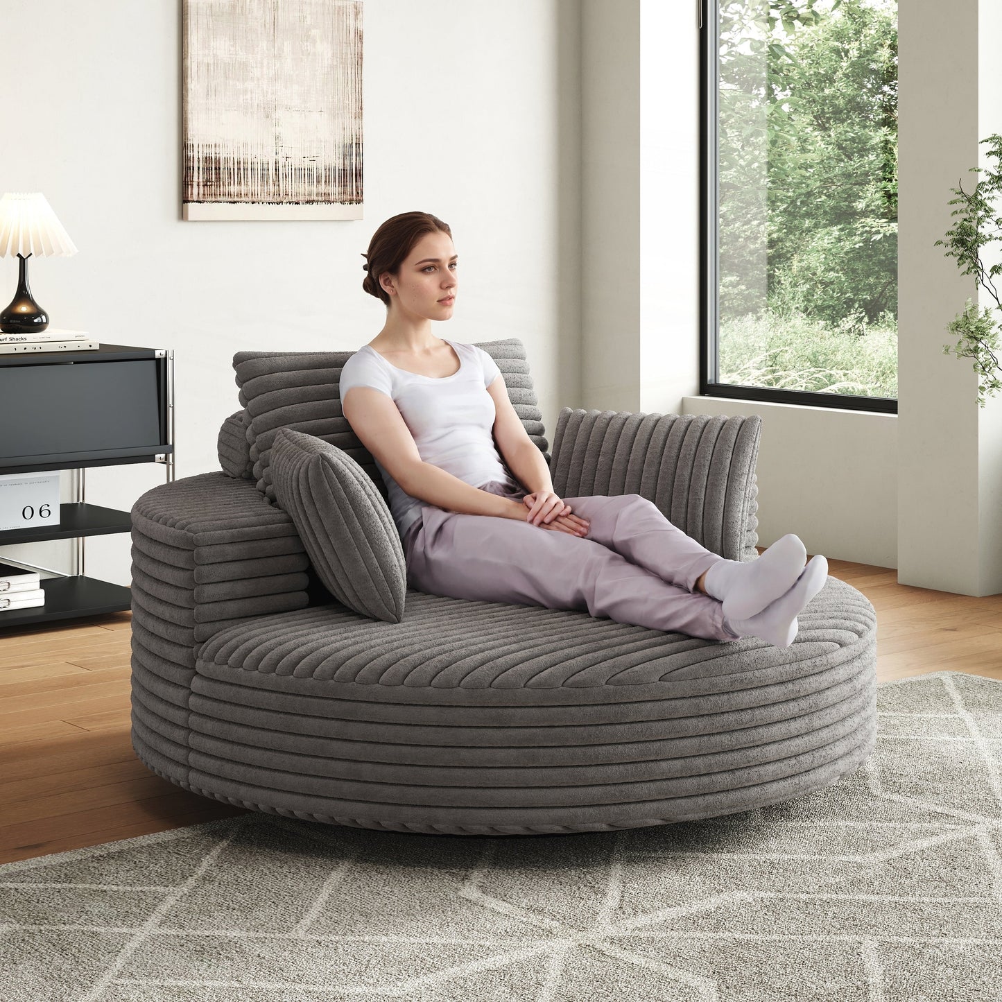 Fauteuil pivotant à une place en chenille cordouroyée et mousse
