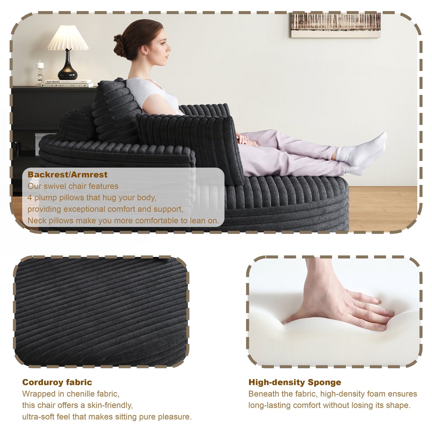 Fauteuil pivotant à une place en chenille cordouroyée et mousse