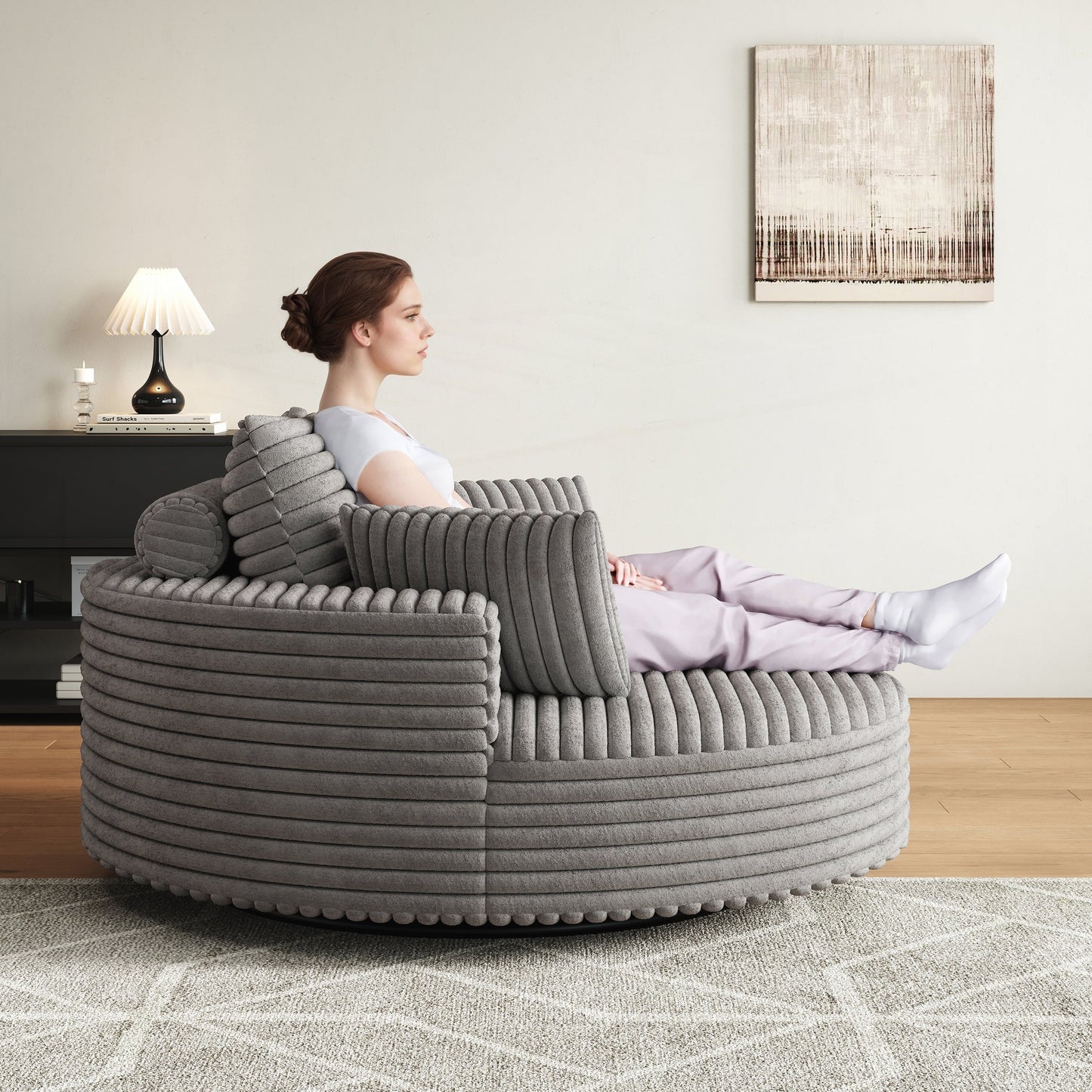 Fauteuil pivotant à une place en chenille cordouroyée et mousse