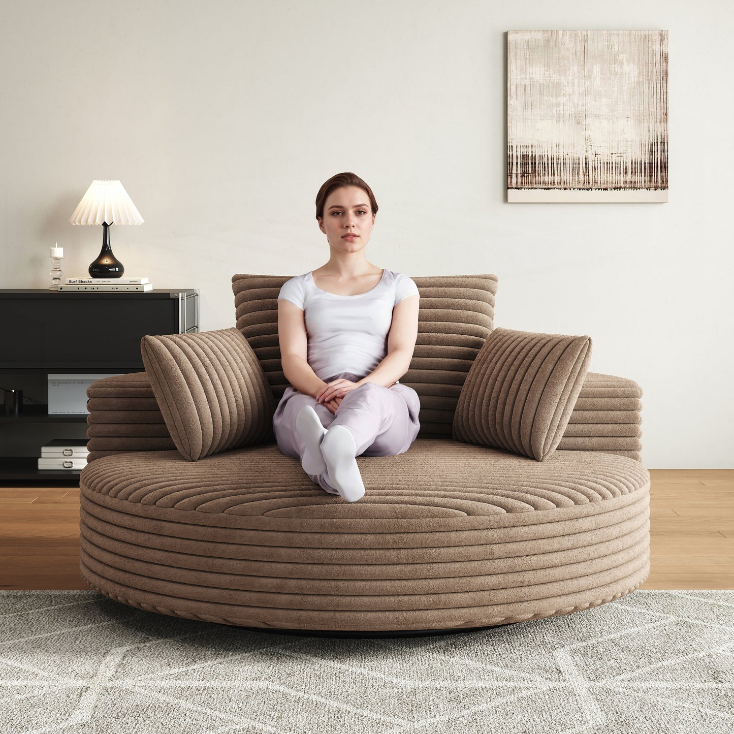 Fauteuil pivotant à une place en chenille cordouroyée et mousse