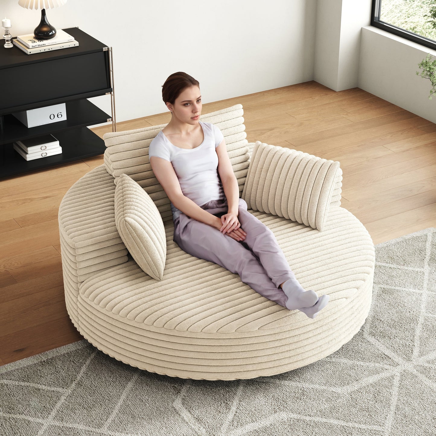 Fauteuil pivotant à une place en chenille cordouroyée et mousse