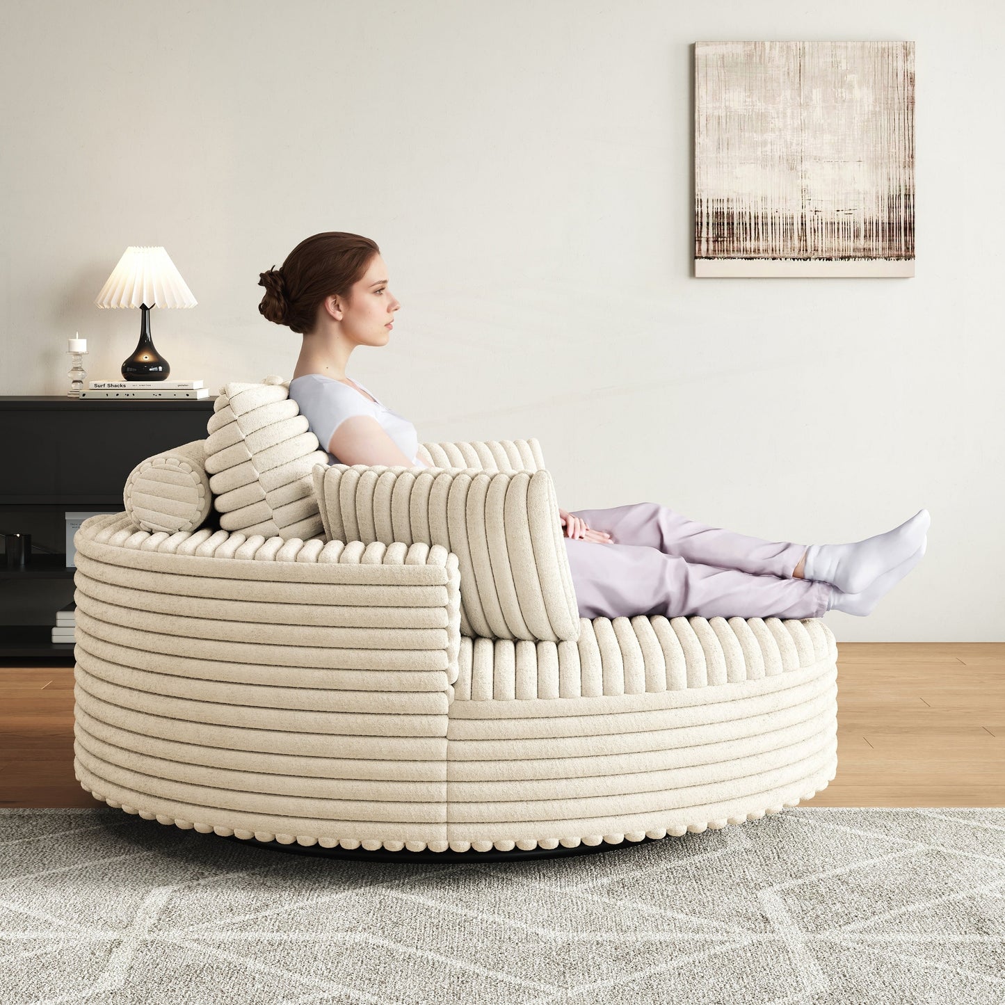 Fauteuil pivotant à une place en chenille cordouroyée et mousse