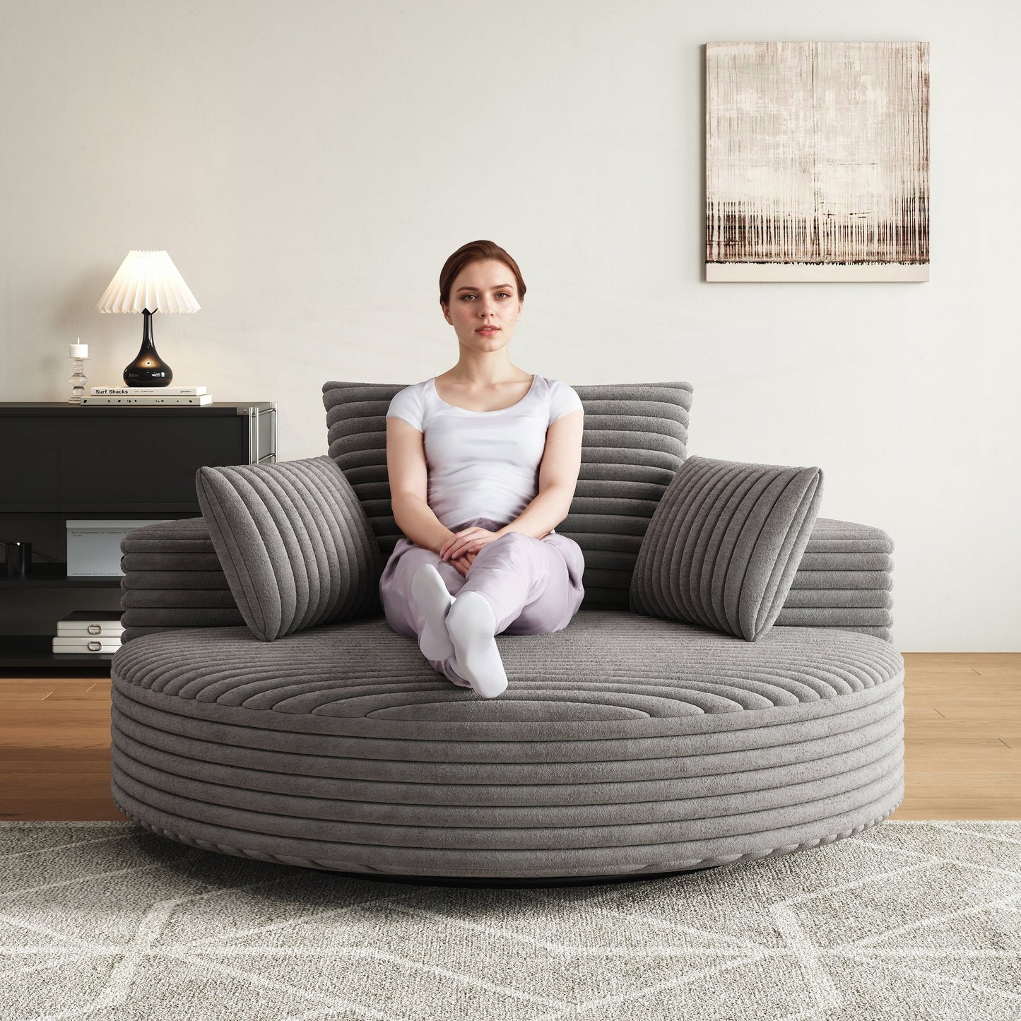 Fauteuil pivotant à une place en chenille cordouroyée et mousse