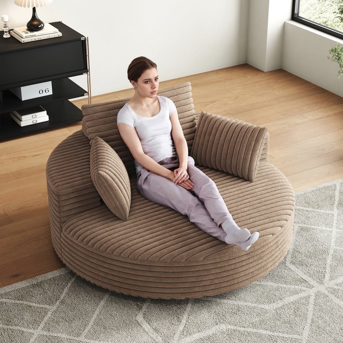 Fauteuil pivotant à une place en chenille cordouroyée et mousse