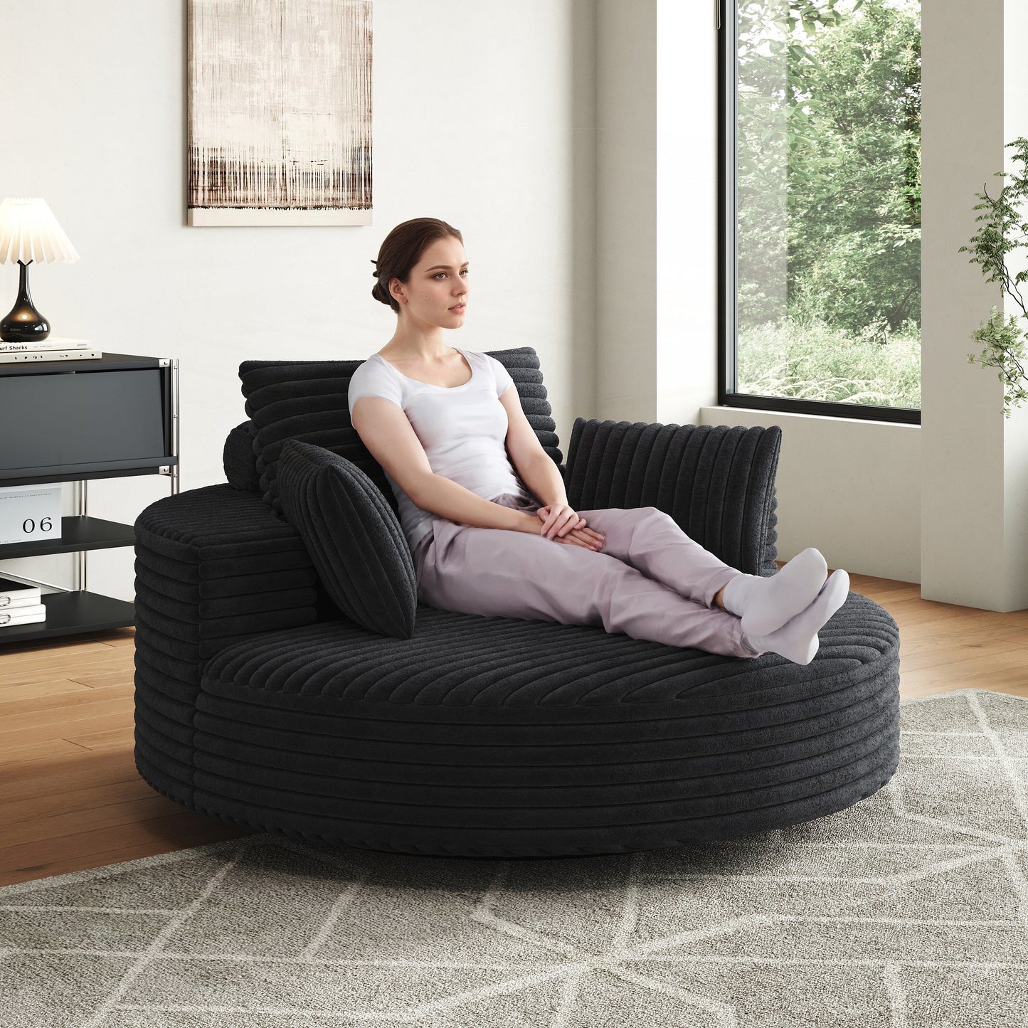 Fauteuil pivotant à une place en chenille cordouroyée et mousse