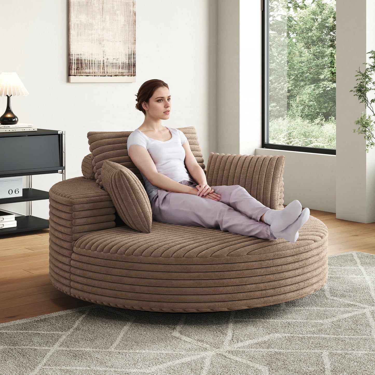 Fauteuil pivotant à une place en chenille cordouroyée et mousse