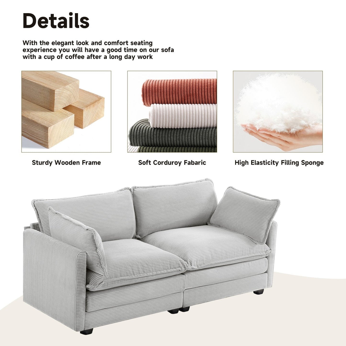 Canapé d'angle en velours côtelé avec ottomans amovibles et coussins ultra-doux pour salon et chambre à coucher