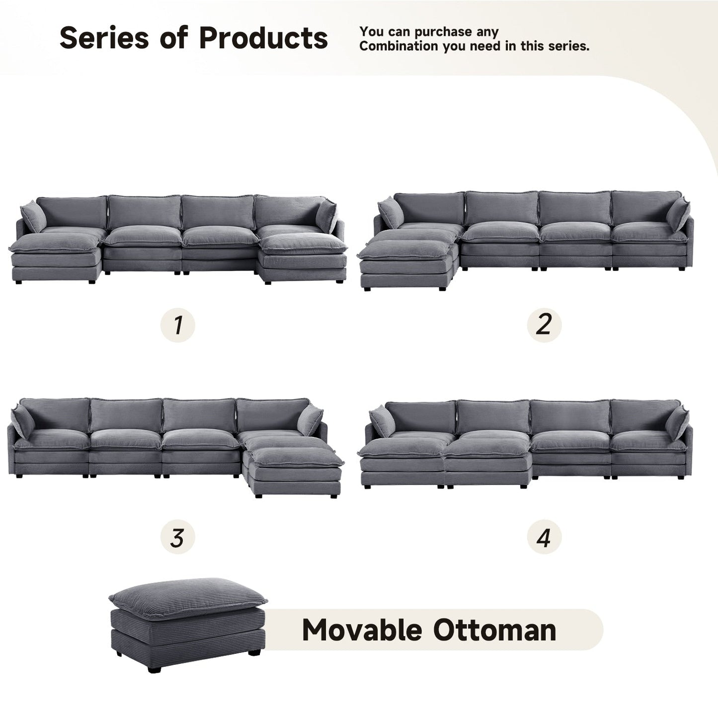 Canapé d'angle en velours côtelé avec ottomans amovibles et coussins ultra-doux pour salon et chambre à coucher