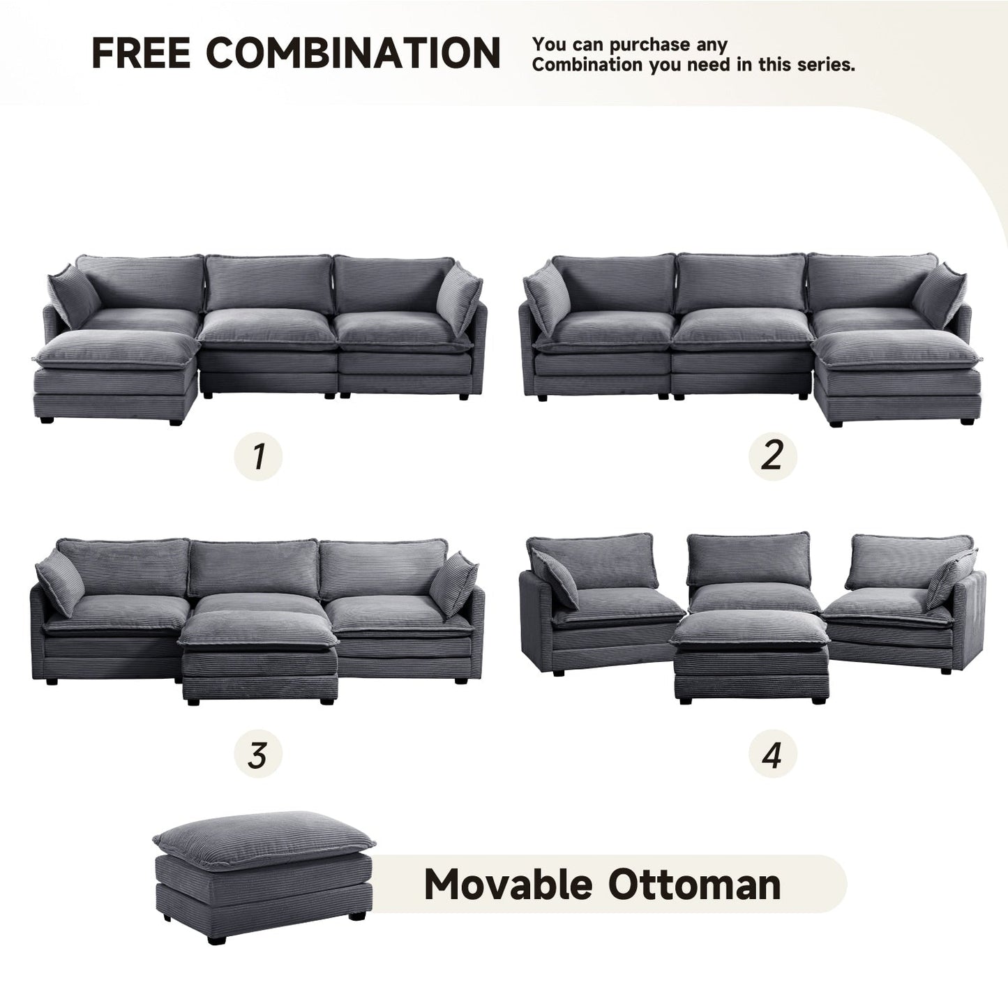 Canapé d'angle en velours côtelé avec ottomans amovibles et coussins ultra-doux pour salon et chambre à coucher
