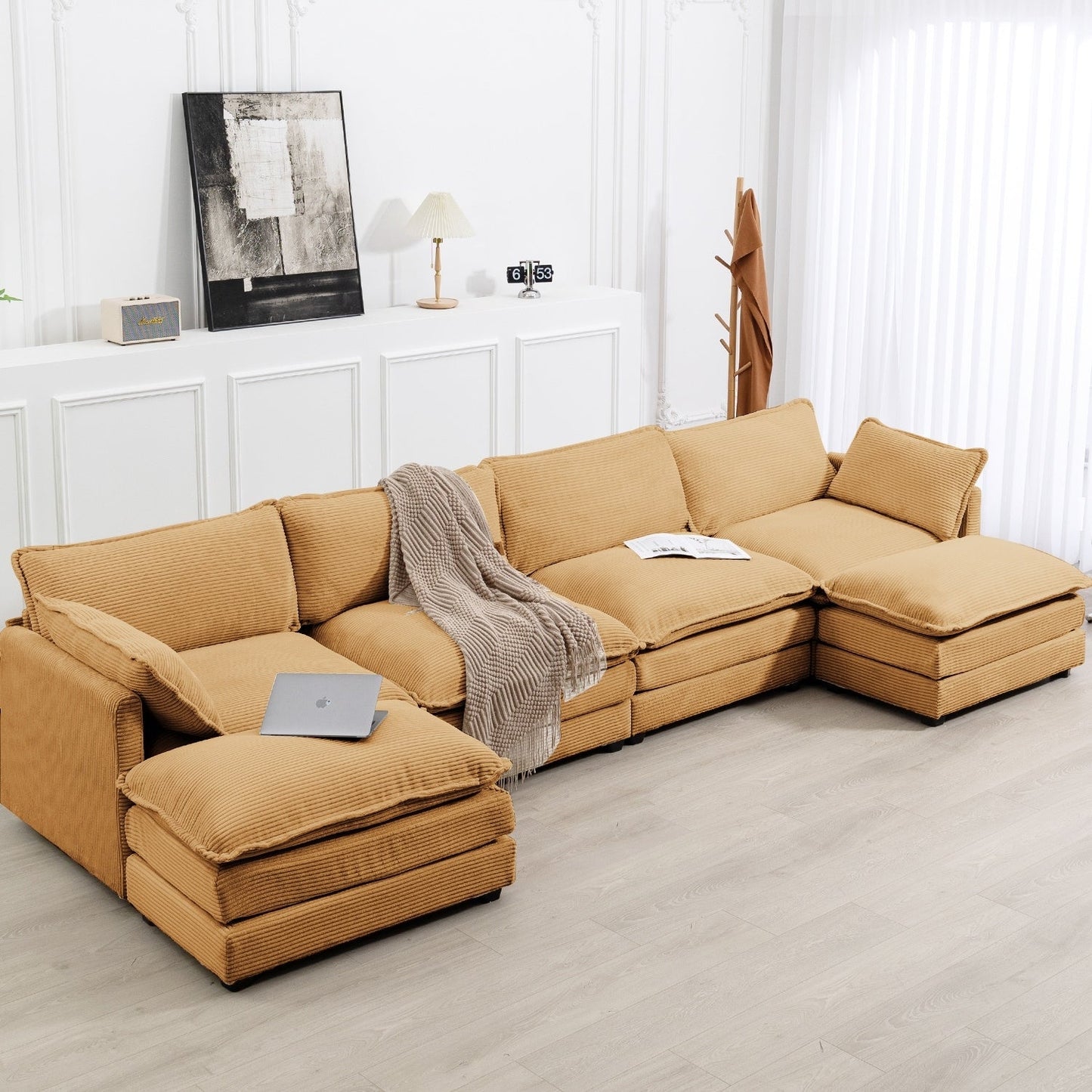 Canapé d'angle en velours côtelé avec ottomans amovibles et coussins ultra-doux pour salon et chambre à coucher