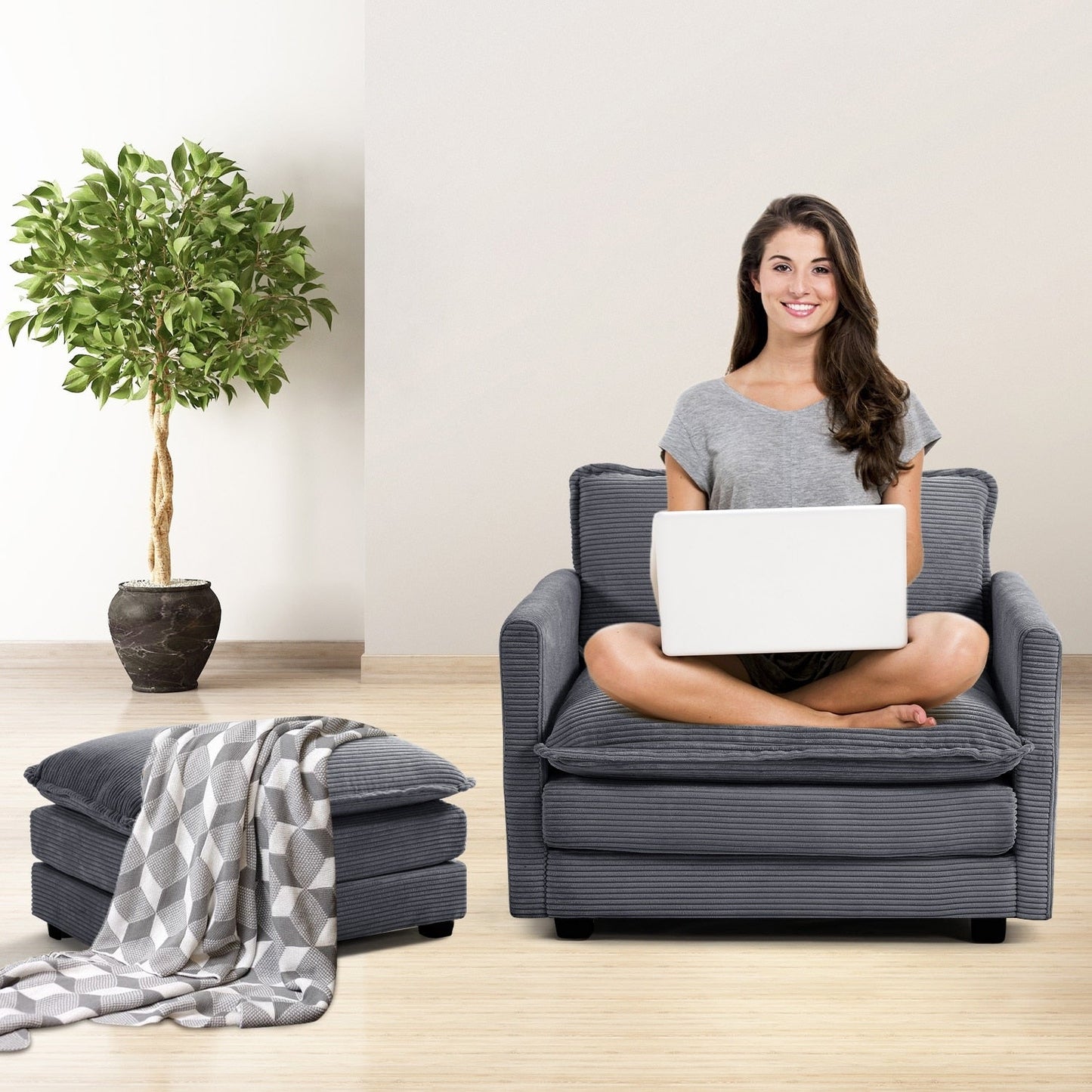 Canapé d'angle en velours côtelé avec ottomans amovibles et coussins ultra-doux pour salon et chambre à coucher