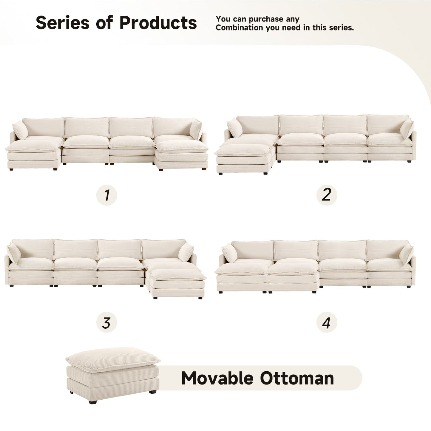 Canapé d'angle en velours côtelé avec ottomans amovibles et coussins ultra-doux pour salon et chambre à coucher