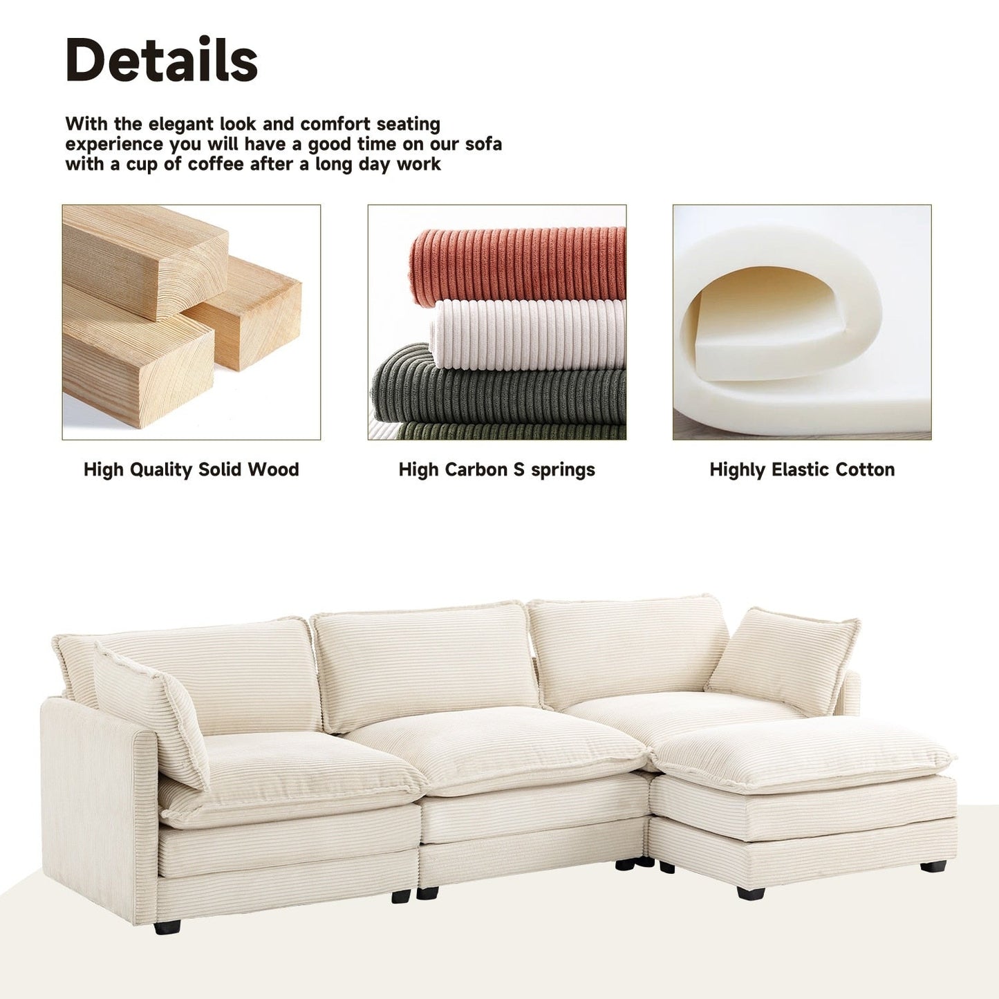 Canapé d'angle en velours côtelé avec ottomans amovibles et coussins ultra-doux pour salon et chambre à coucher