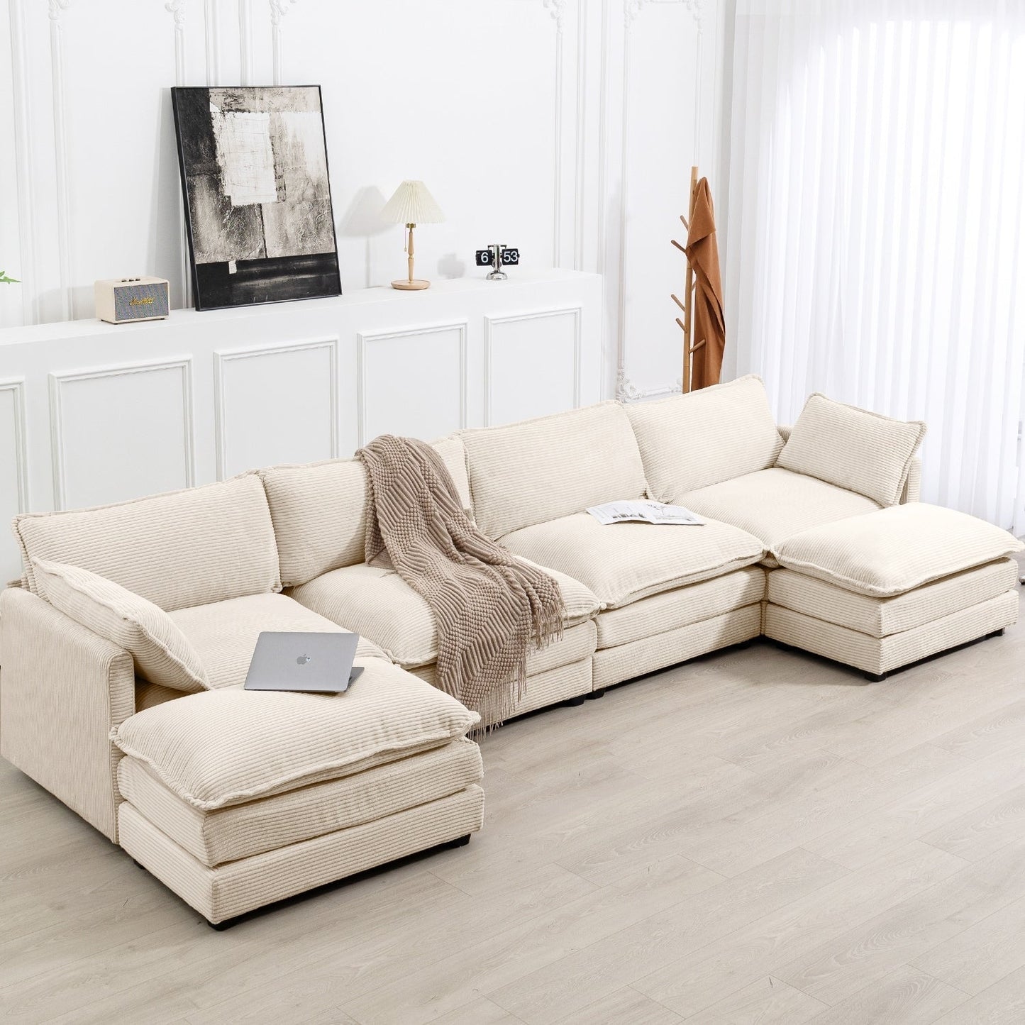 Canapé d'angle en velours côtelé avec ottomans amovibles et coussins ultra-doux pour salon et chambre à coucher