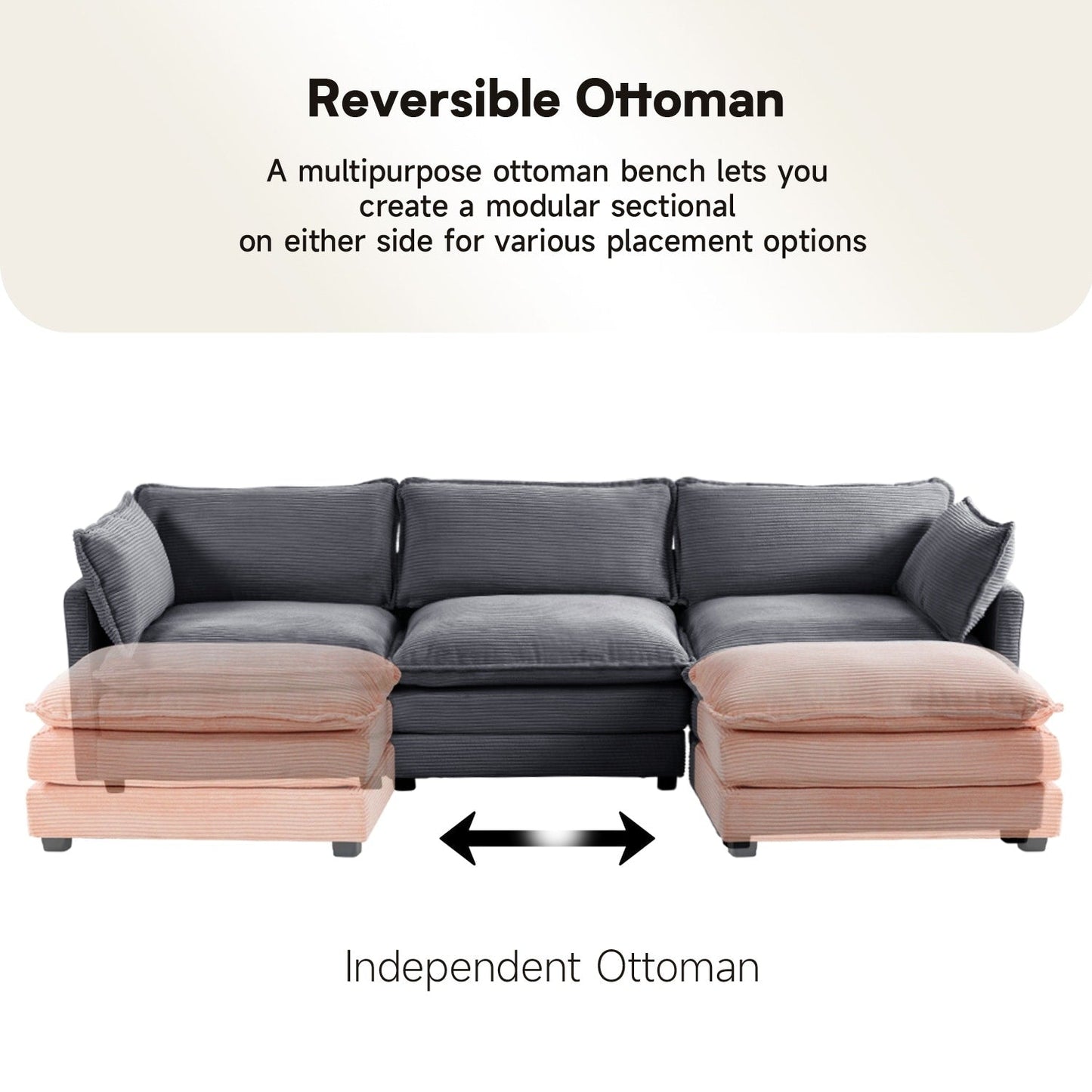 Canapé d'angle en velours côtelé avec ottomans amovibles et coussins ultra-doux pour salon et chambre à coucher