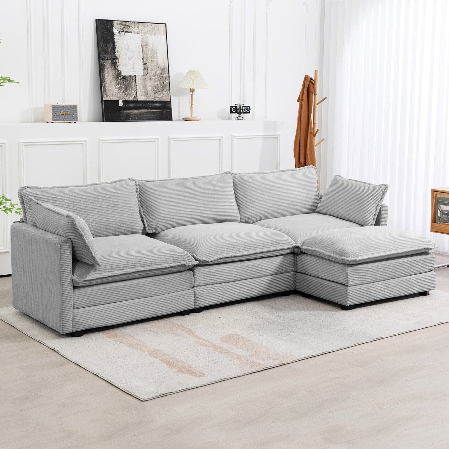 Canapé d'angle en velours côtelé avec ottomans amovibles et coussins ultra-doux pour salon et chambre à coucher