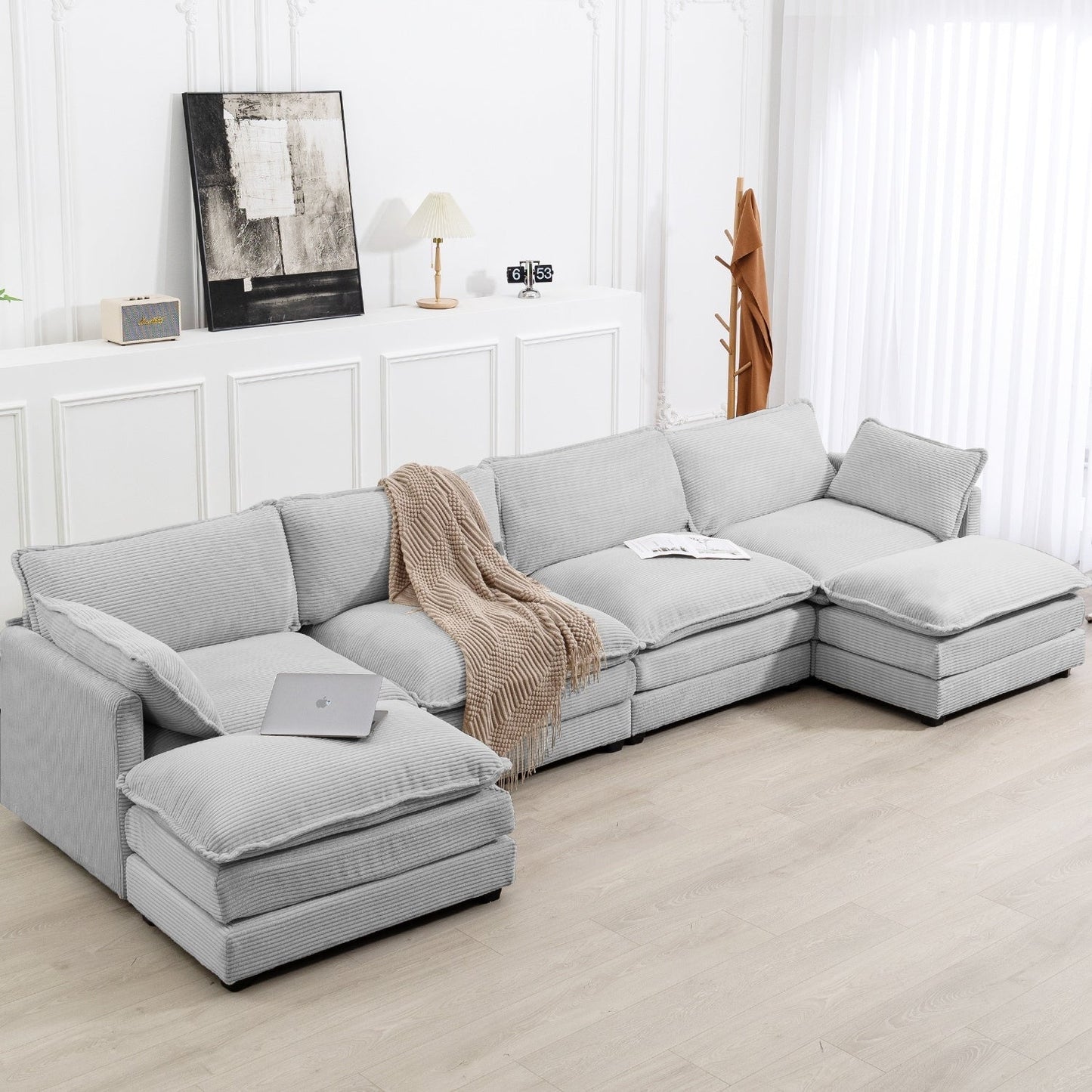 Canapé d'angle en velours côtelé avec ottomans amovibles et coussins ultra-doux pour salon et chambre à coucher