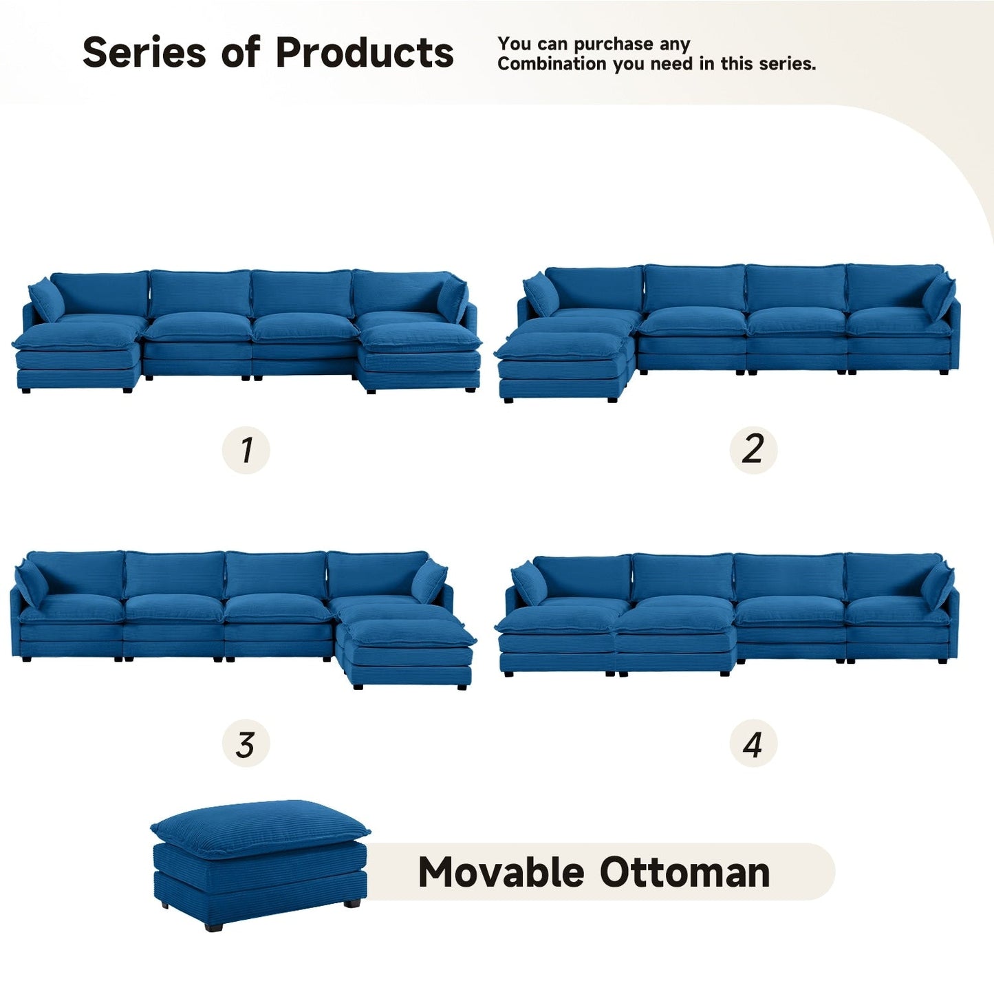 Canapé d'angle en velours côtelé avec ottomans amovibles et coussins ultra-doux pour salon et chambre à coucher