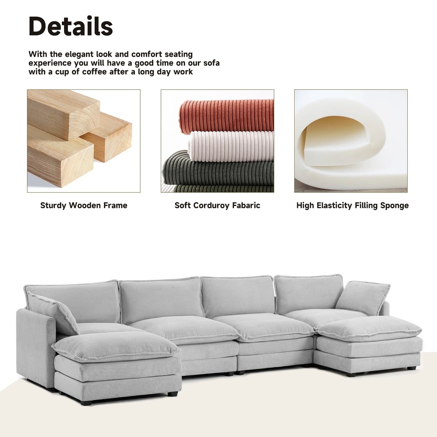 Canapé d'angle en velours côtelé avec ottomans amovibles et coussins ultra-doux pour salon et chambre à coucher
