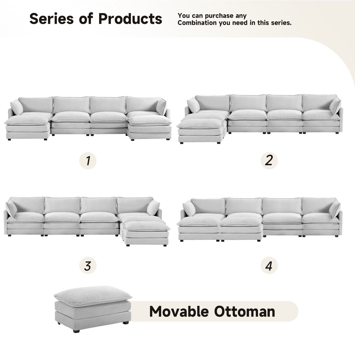 Canapé d'angle en velours côtelé avec ottomans amovibles et coussins ultra-doux pour salon et chambre à coucher