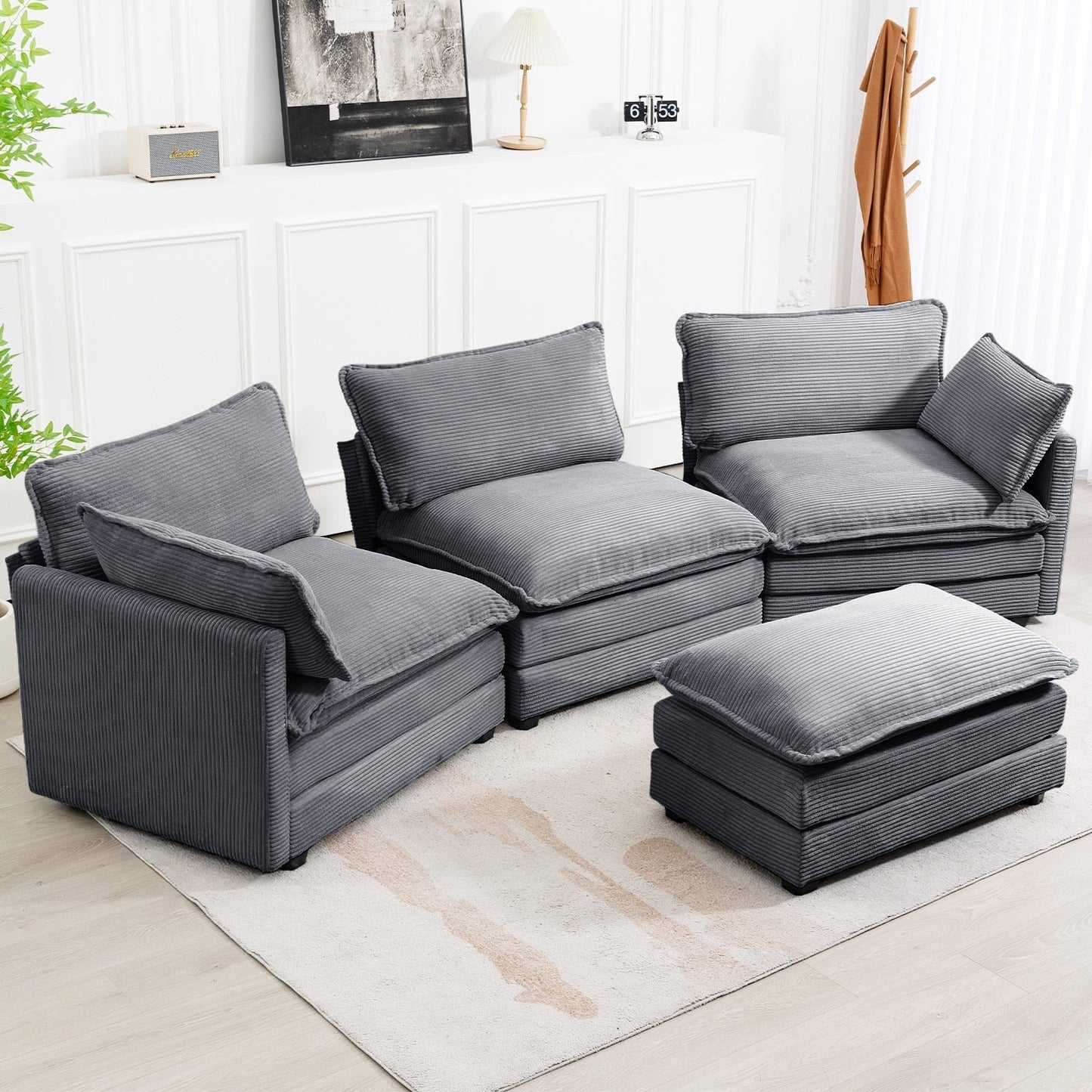 Canapé d'angle en velours côtelé avec ottomans amovibles et coussins ultra-doux pour salon et chambre à coucher