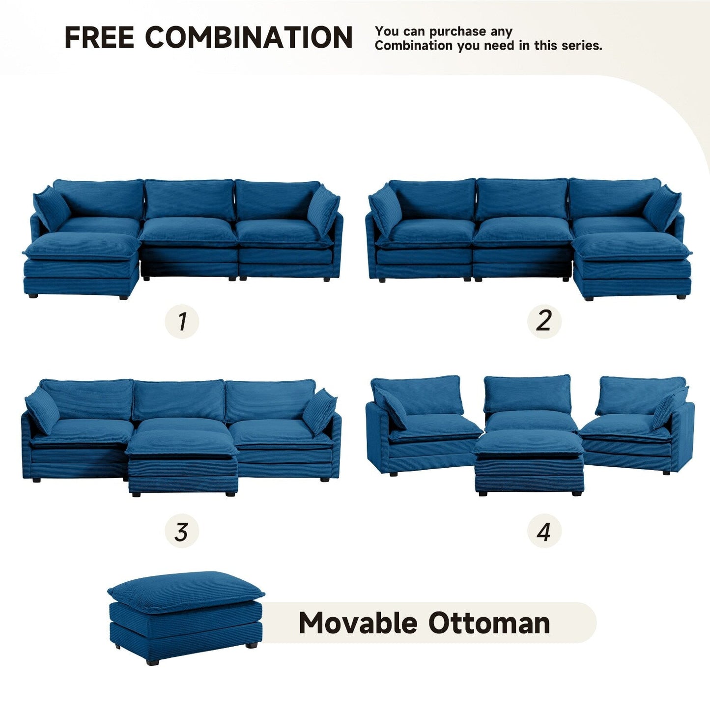 Canapé d'angle en velours côtelé avec ottomans amovibles et coussins ultra-doux pour salon et chambre à coucher