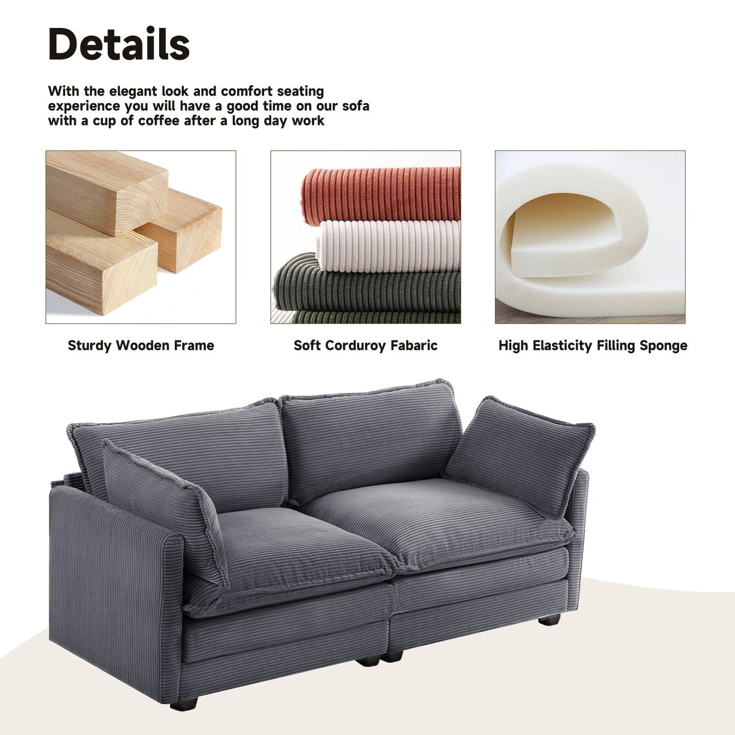 Canapé d'angle en velours côtelé avec ottomans amovibles et coussins ultra-doux pour salon et chambre à coucher