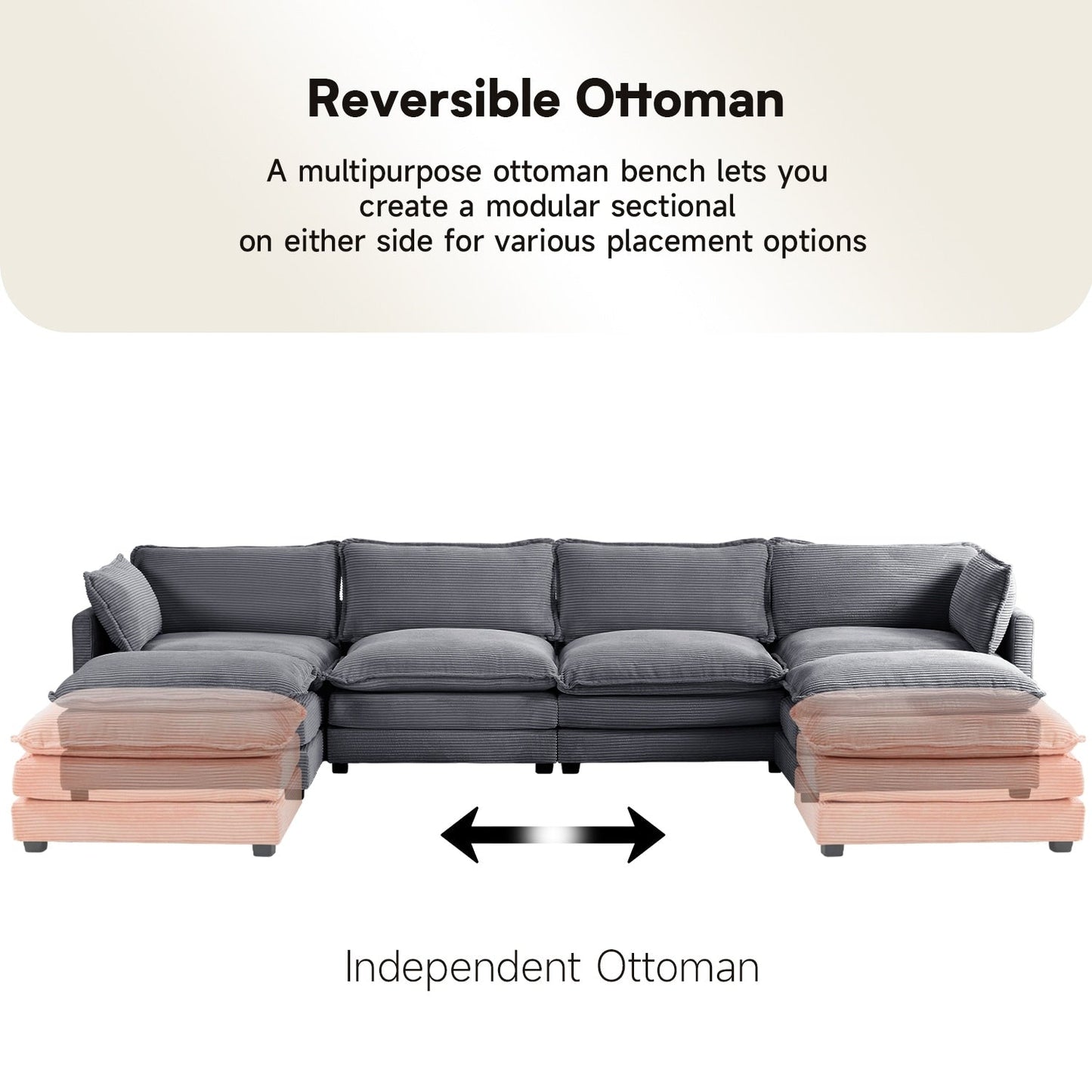 Canapé d'angle en velours côtelé avec ottomans amovibles et coussins ultra-doux pour salon et chambre à coucher