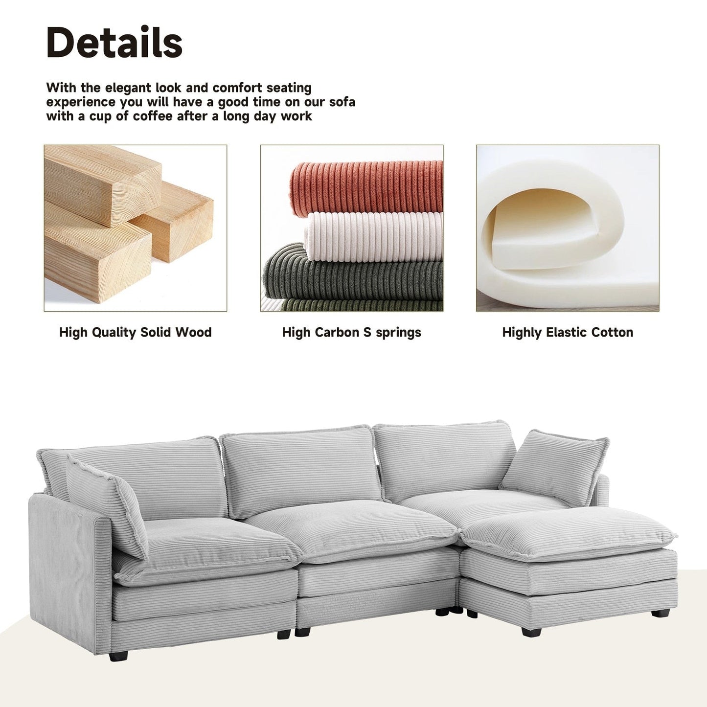 Canapé d'angle en velours côtelé avec ottomans amovibles et coussins ultra-doux pour salon et chambre à coucher