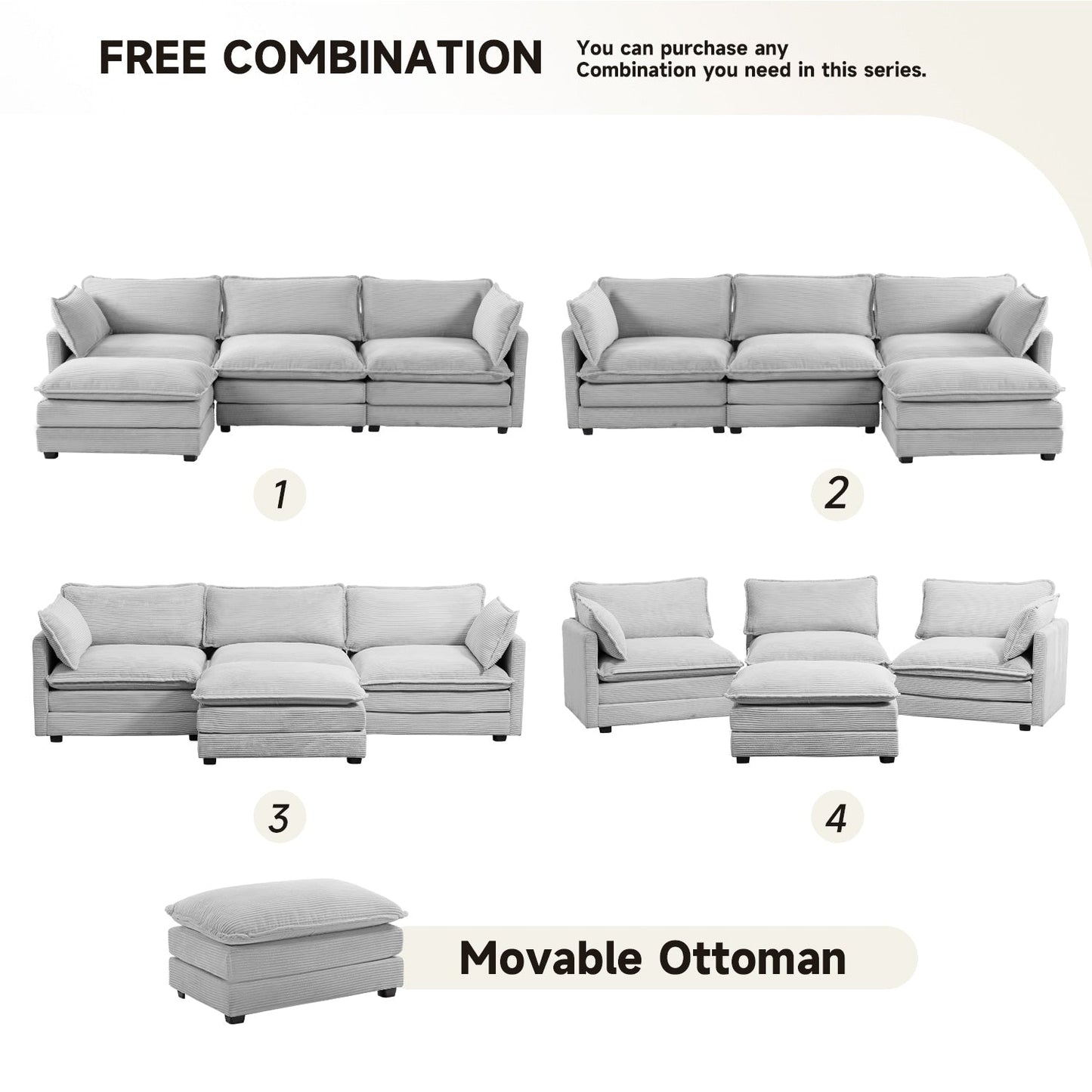 Canapé d'angle en velours côtelé avec ottomans amovibles et coussins ultra-doux pour salon et chambre à coucher
