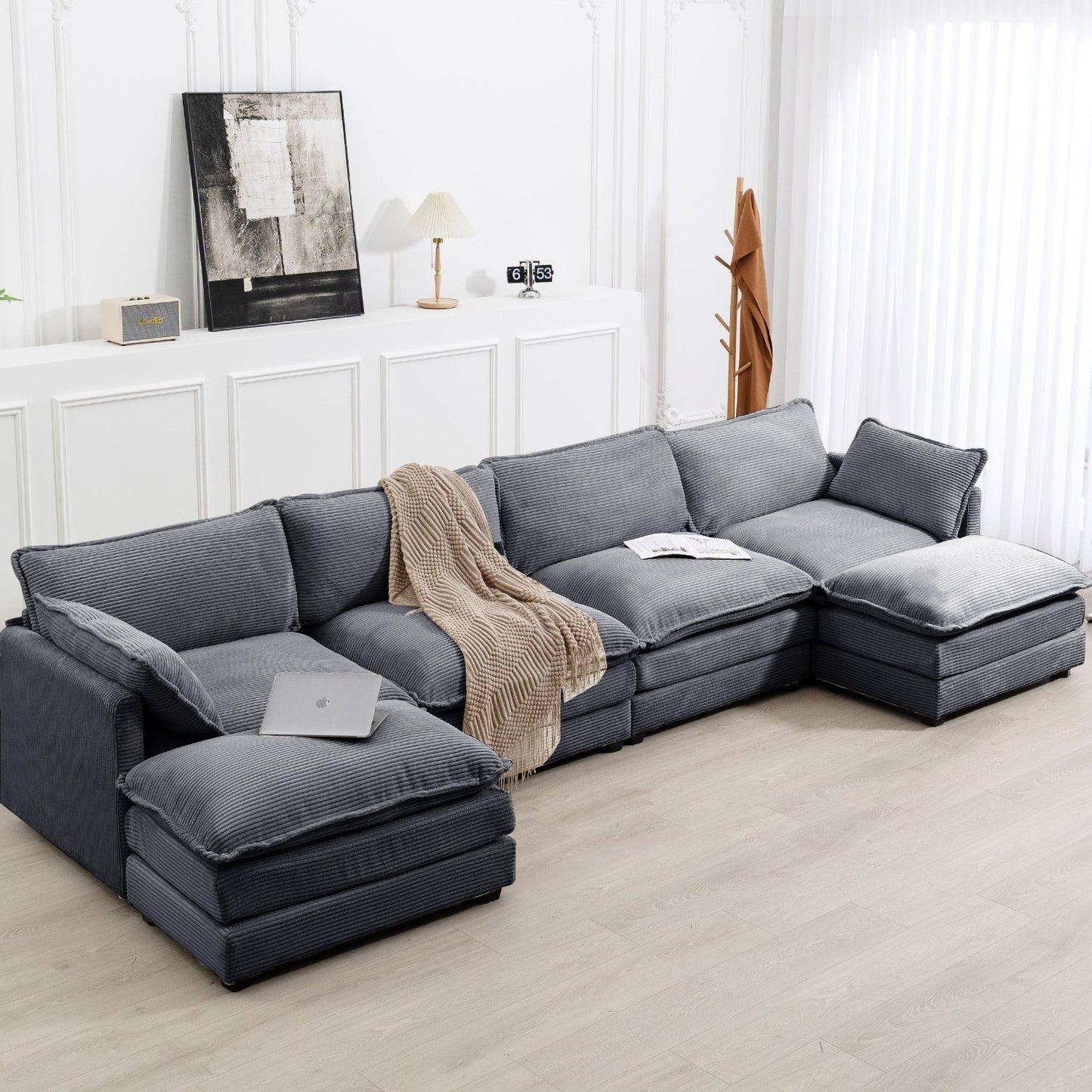 Canapé d'angle en velours côtelé avec ottomans amovibles et coussins ultra-doux pour salon et chambre à coucher