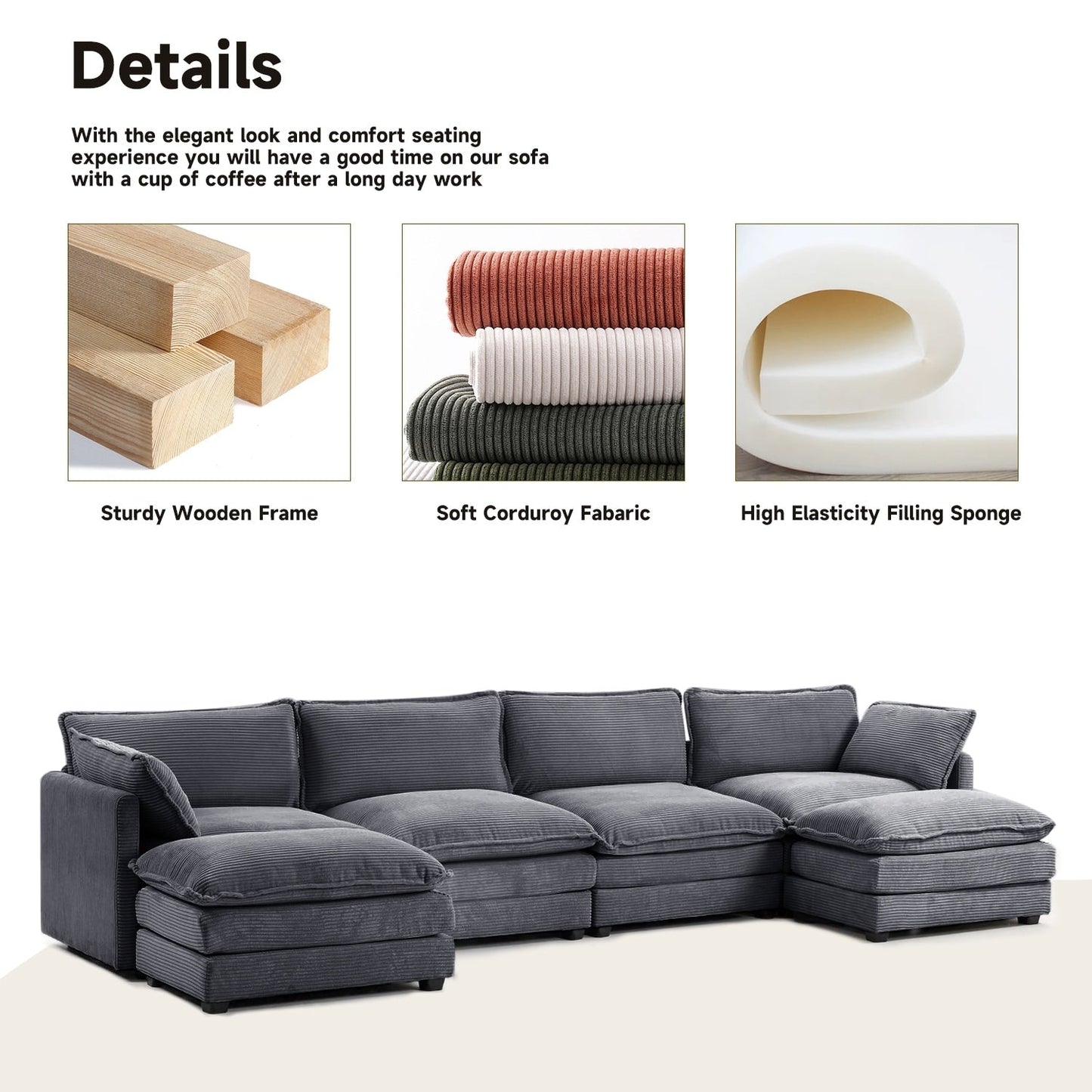 Canapé d'angle en velours côtelé avec ottomans amovibles et coussins ultra-doux pour salon et chambre à coucher