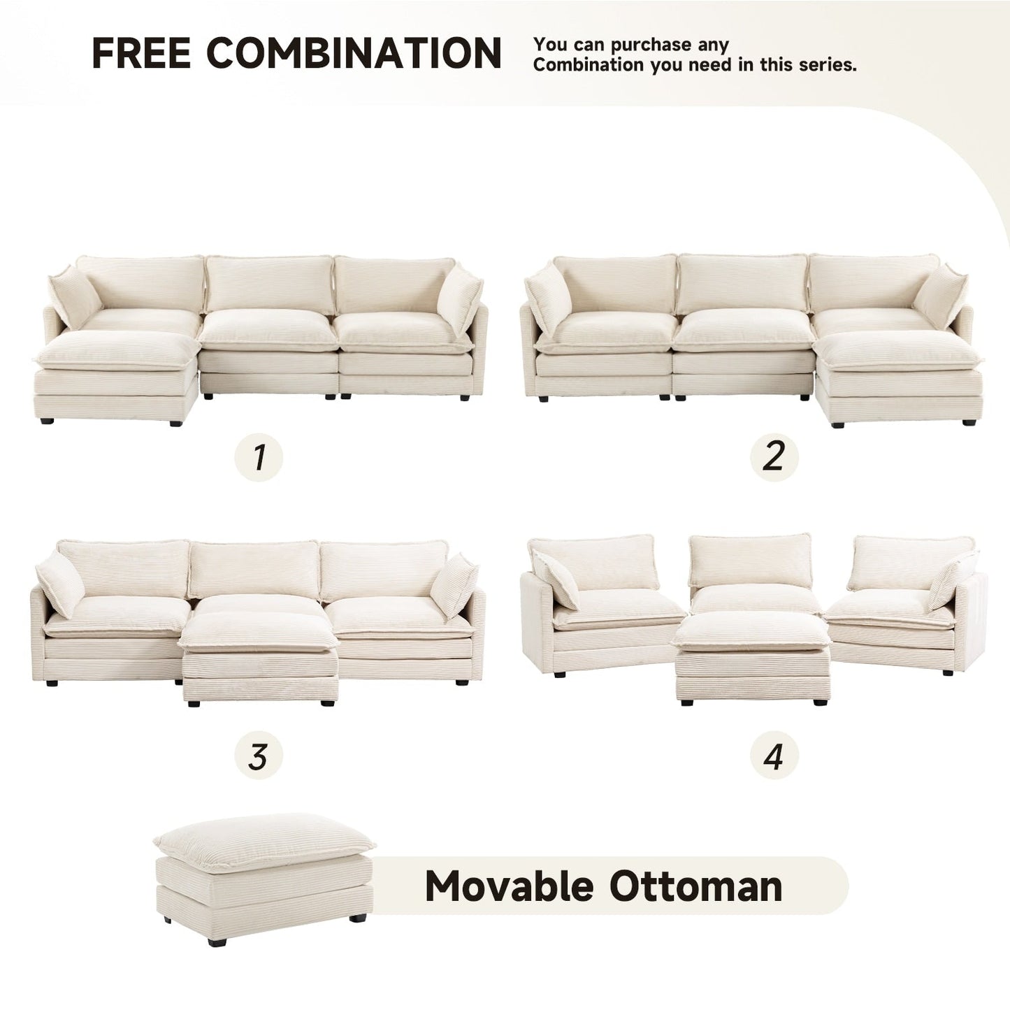 Canapé d'angle en velours côtelé avec ottomans amovibles et coussins ultra-doux pour salon et chambre à coucher