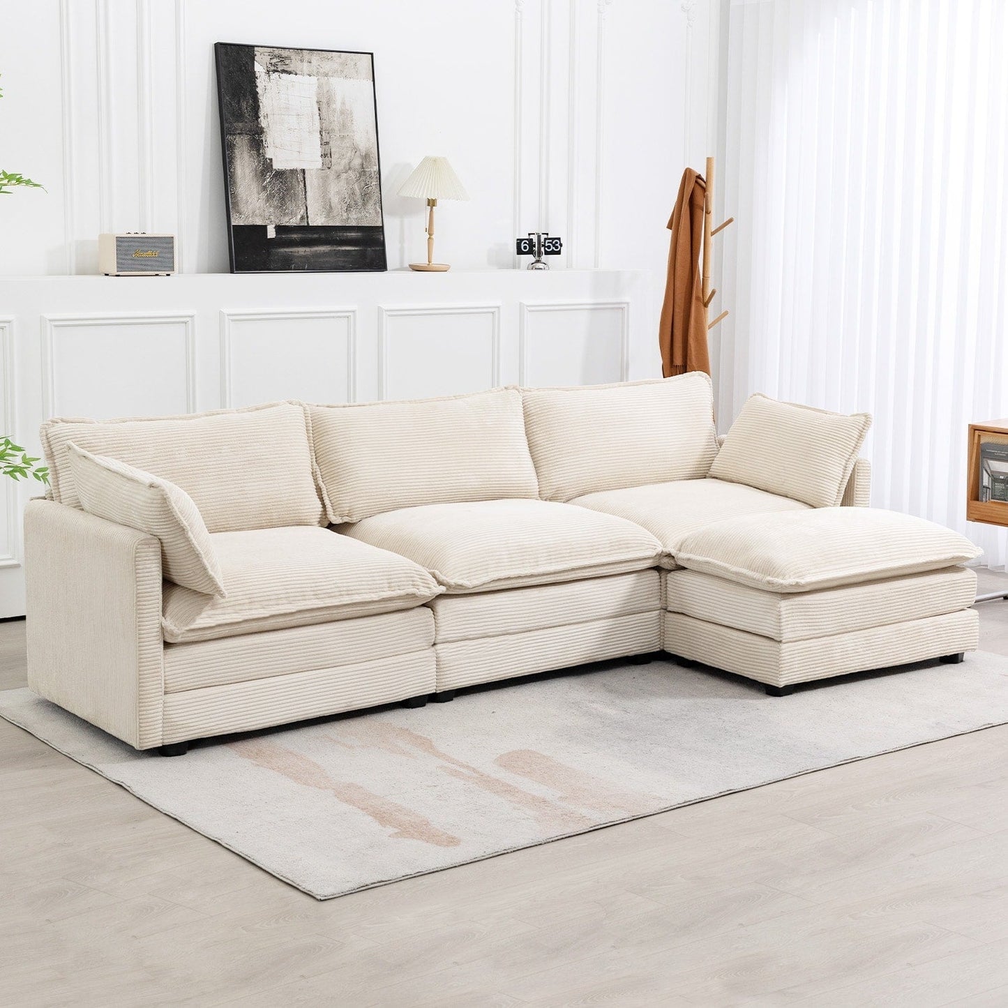 Canapé d'angle en velours côtelé avec ottomans amovibles et coussins ultra-doux pour salon et chambre à coucher