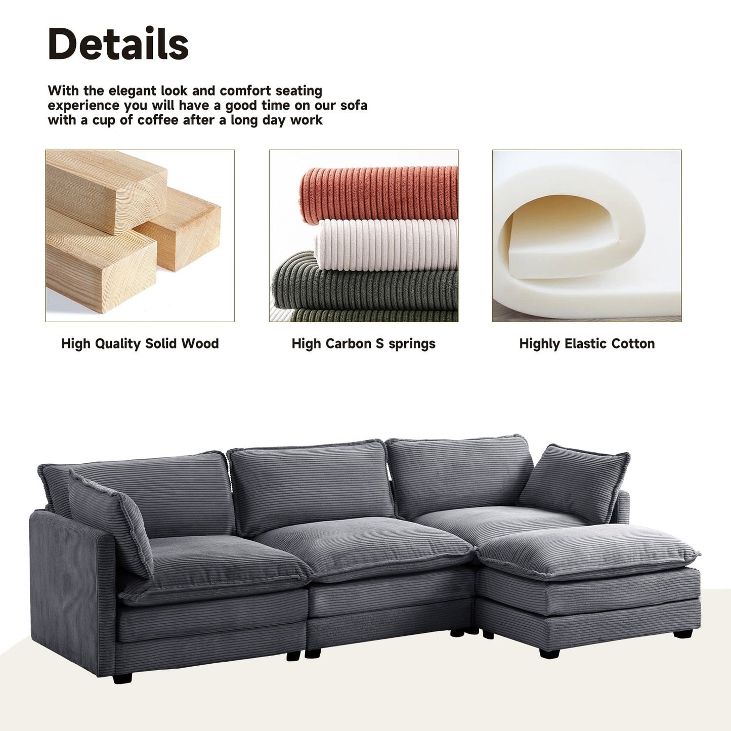 Canapé d'angle en velours côtelé avec ottomans amovibles et coussins ultra-doux pour salon et chambre à coucher