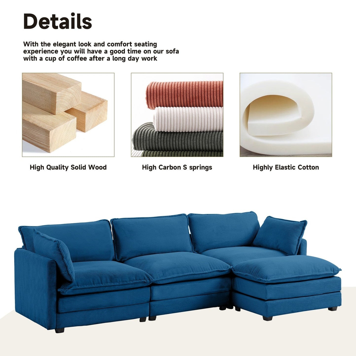 Canapé d'angle en velours côtelé avec ottomans amovibles et coussins ultra-doux pour salon et chambre à coucher