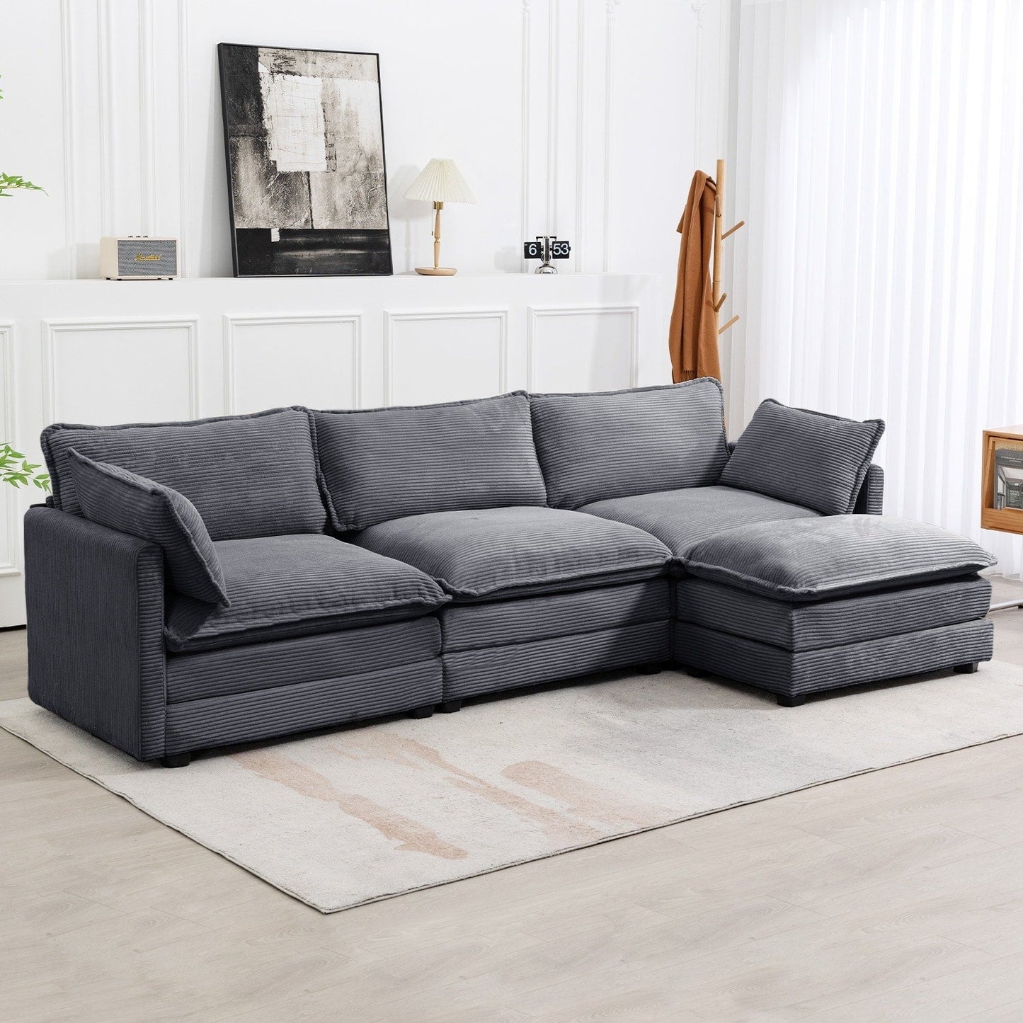 Canapé d'angle en velours côtelé avec ottomans amovibles et coussins ultra-doux pour salon et chambre à coucher