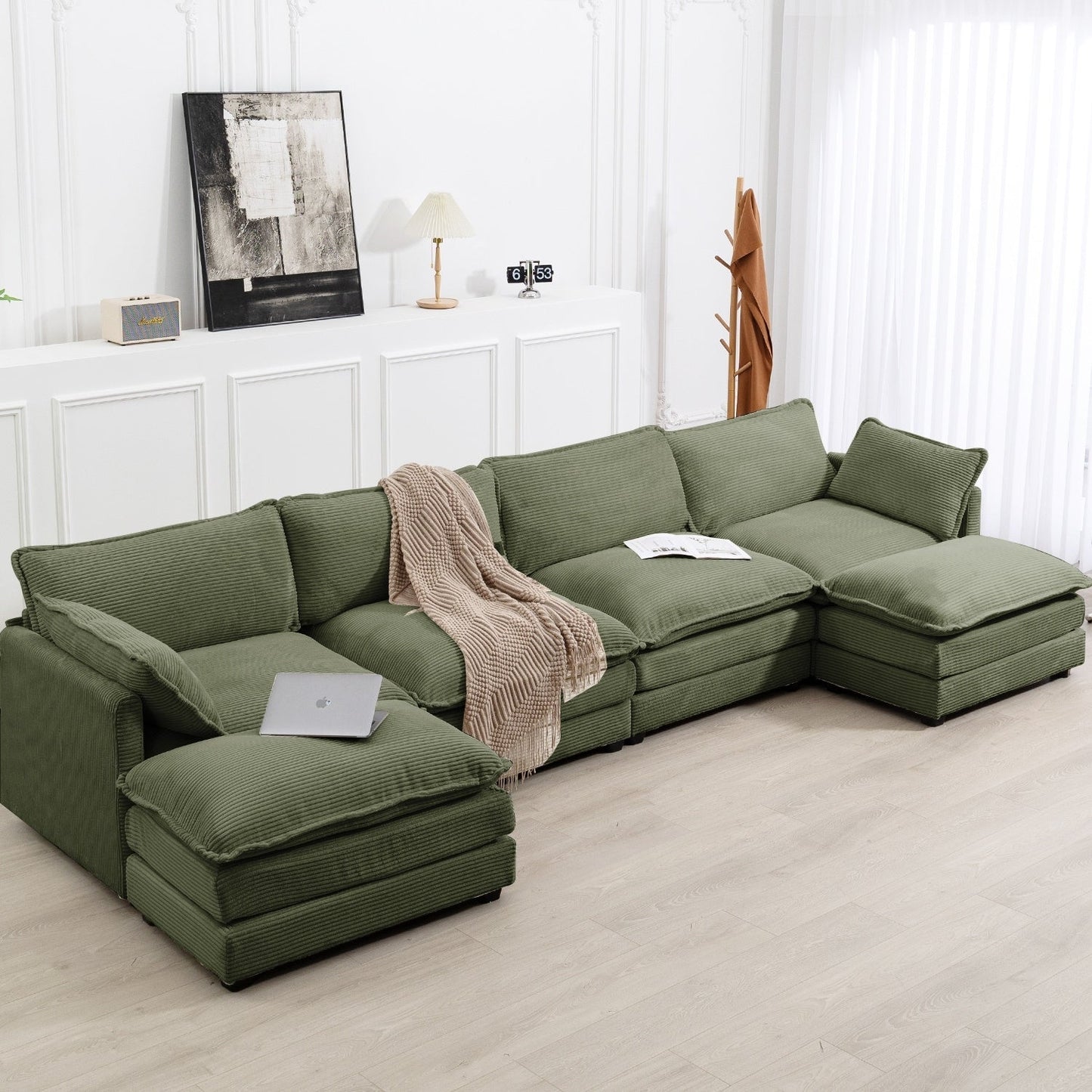 Canapé d'angle en velours côtelé avec ottomans amovibles et coussins ultra-doux pour salon et chambre à coucher