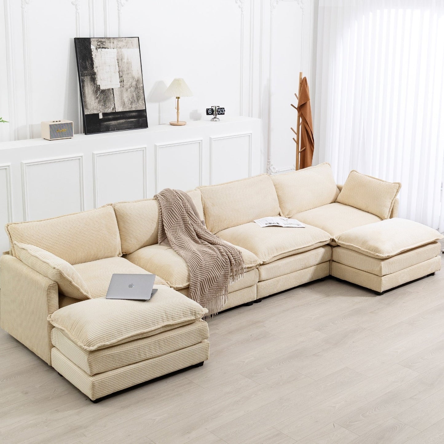 Canapé d'angle en velours côtelé avec ottomans amovibles et coussins ultra-doux pour salon et chambre à coucher