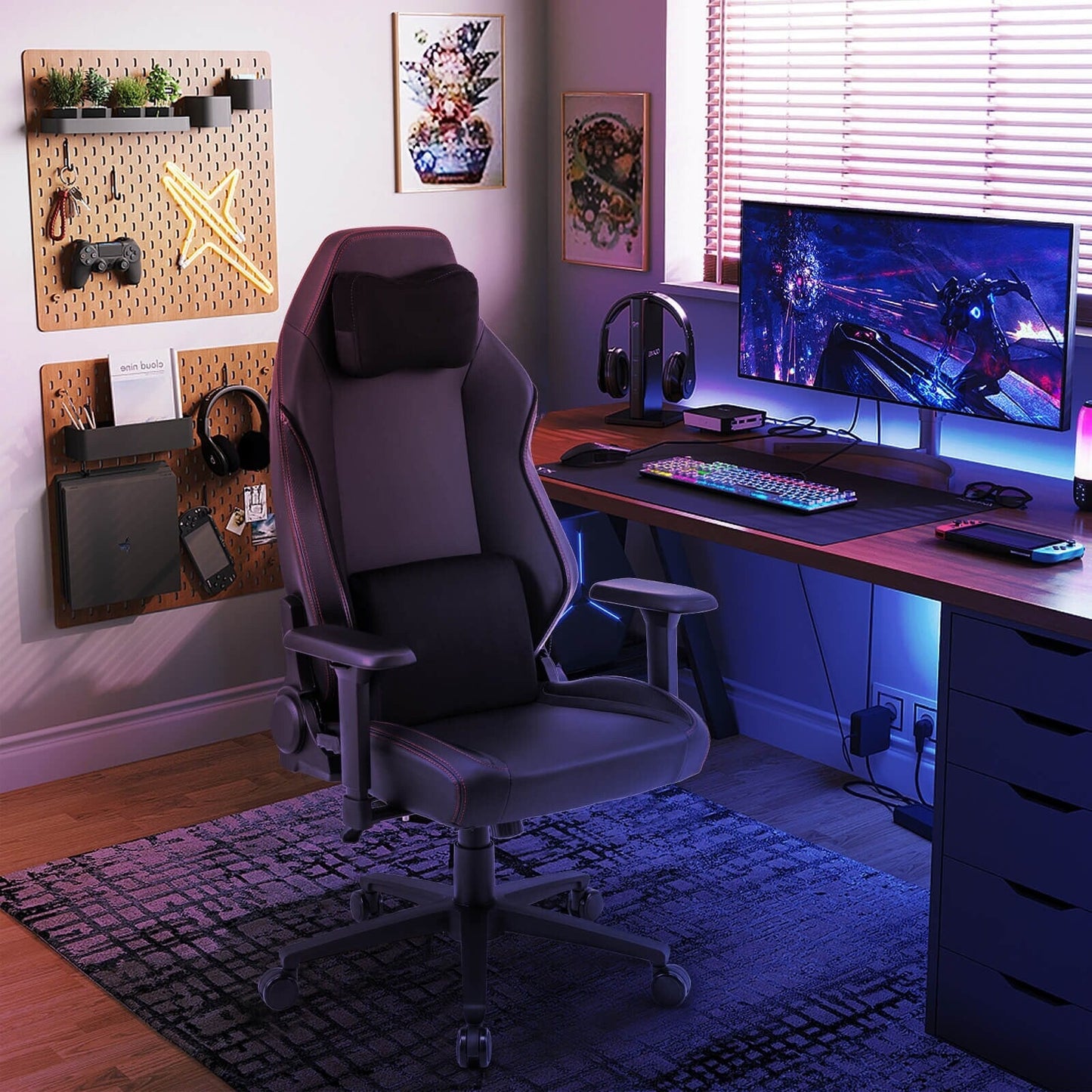Costway Chaise de jeu ergonomique, dossier haut, pour ordinateur, avec fonction basculante - Voir les détails