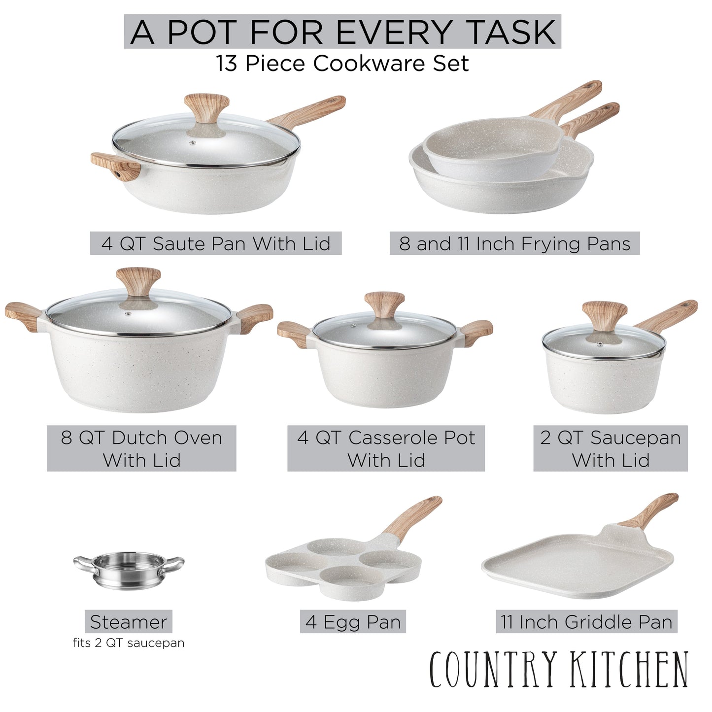 Country Kitchen - Ensemble de 13 pièces pour induction en aluminium coulé avec poignées en BAKÉLITE