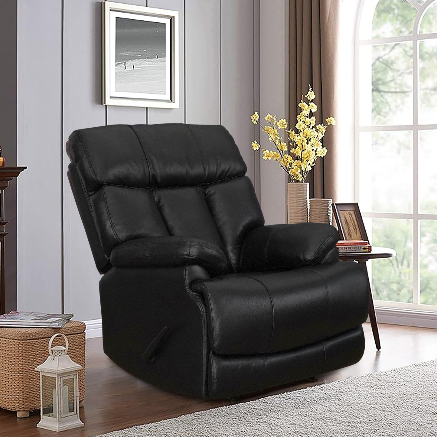 Davin Fauteuil inclinable manuel en cuir véritable, grain supérieur, marron, avec repose-pieds extensible.