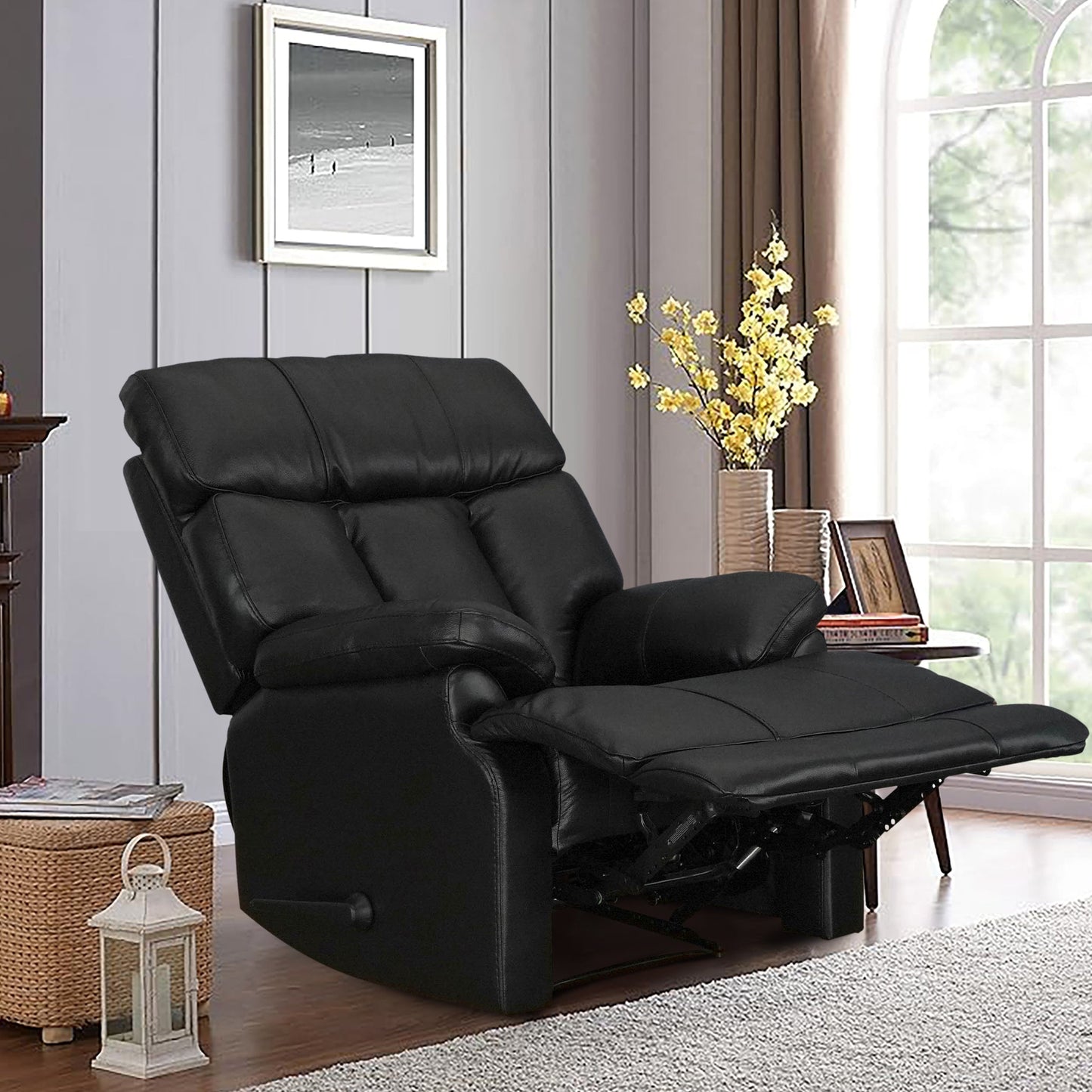 Davin Fauteuil inclinable manuel en cuir véritable, grain supérieur, marron, avec repose-pieds extensible.