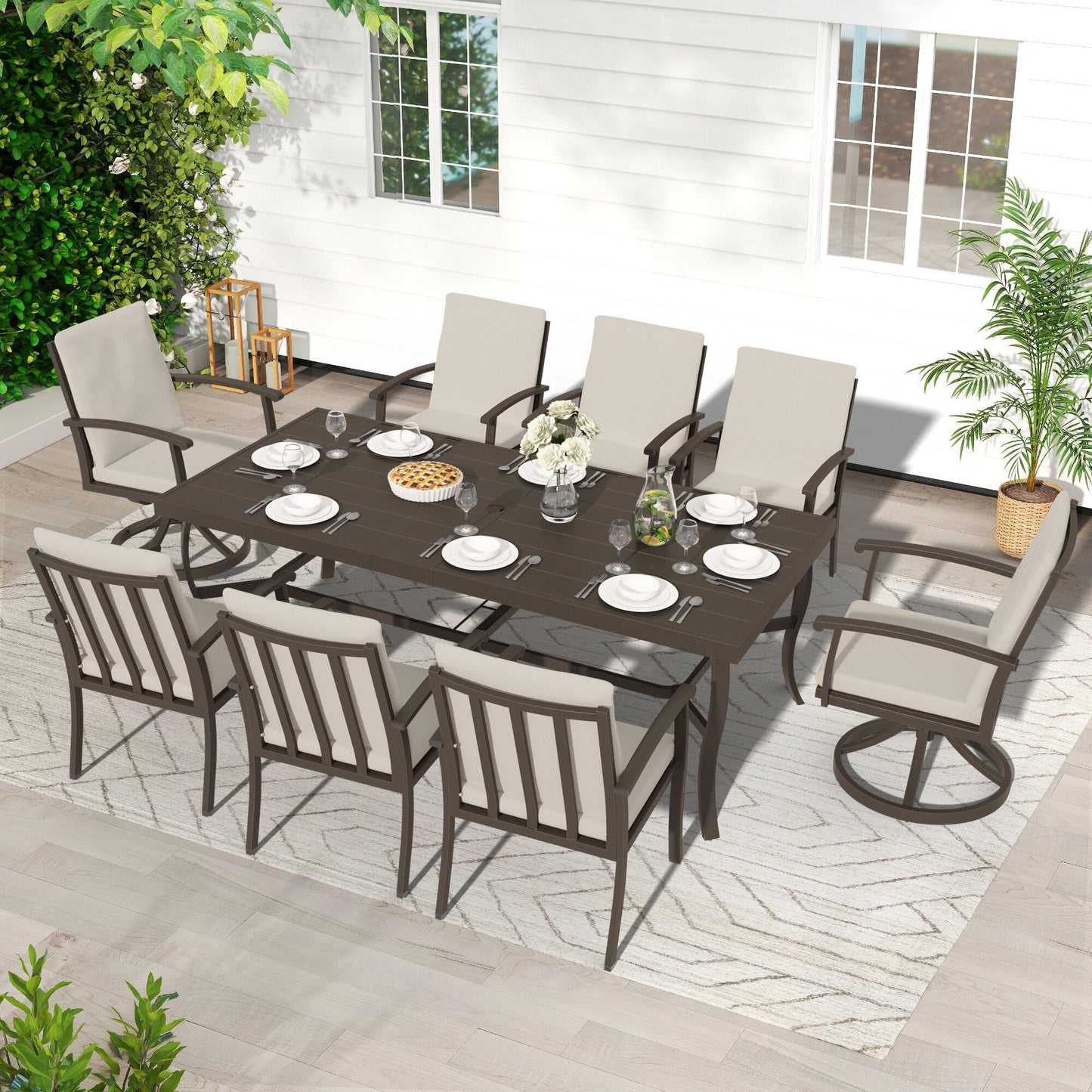 EGEIROS LIFE AluLux Ensemble de repas de patio en aluminium 9 pièces avec 2 chaises pivotantes, 6 chaises de repas et coussins lavables