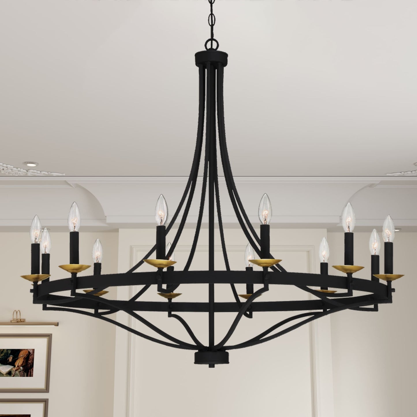 Luminaire à suspension Fidenza à 12 lumières, style ferme moderne, en forme de roue de charrette, avec certification UL - D40'' * H135''