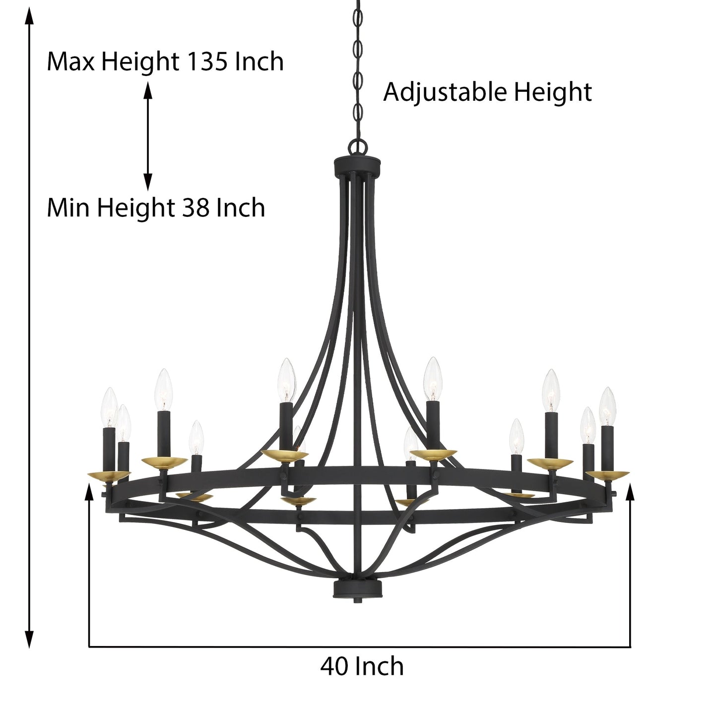 Luminaire à suspension Fidenza à 12 lumières, style ferme moderne, en forme de roue de charrette, avec certification UL - D40'' * H135''
