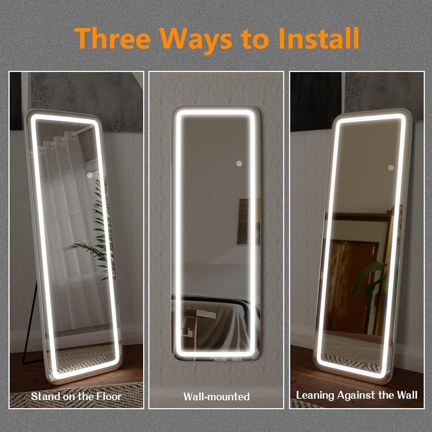Grand miroir de sol avec éclairage LED, miroir pleine longueur 64 x 21 pouces avec support, miroir mural suspendu, miroir corporel entier.